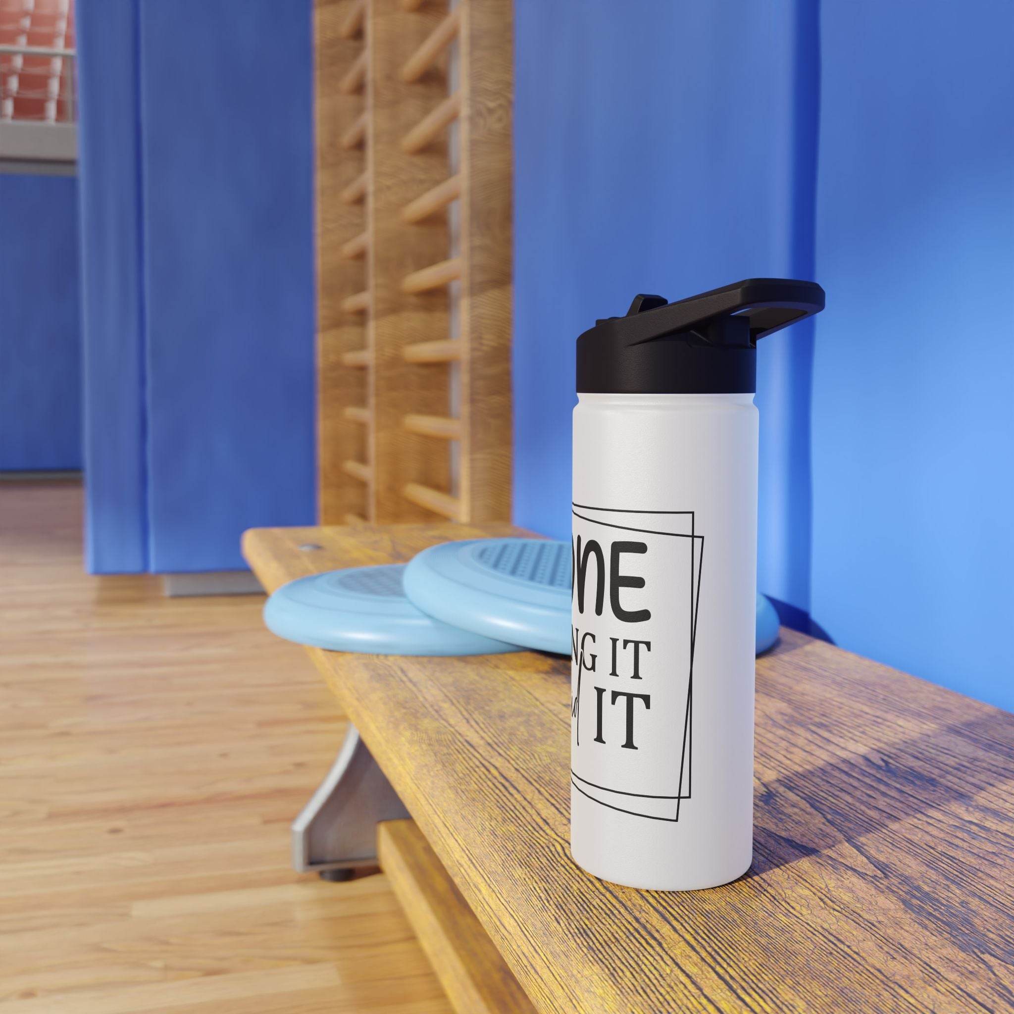 Printify eco-friendly stainless steel water bottle with black lid on gym bench