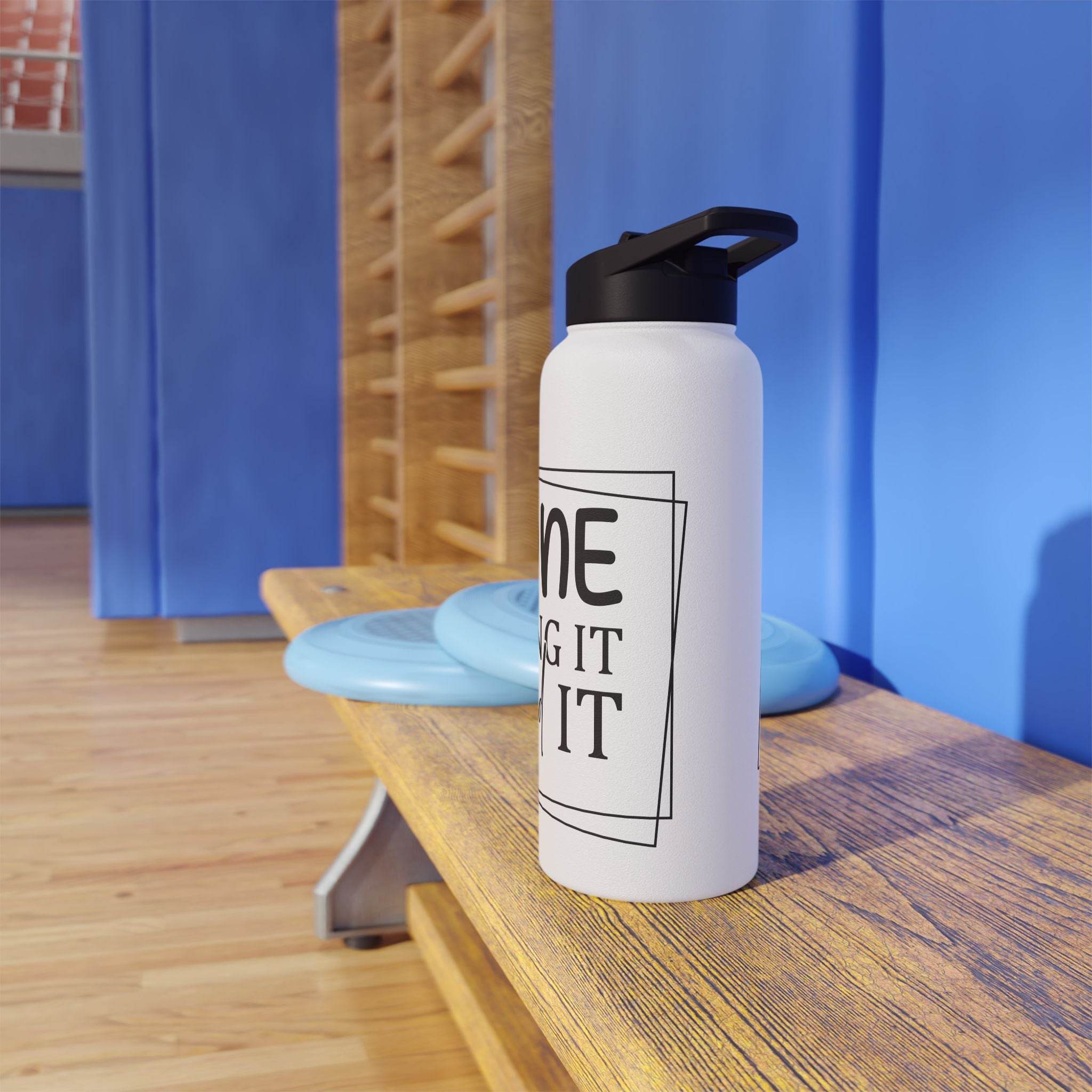 Printify white eco-friendly stainless steel water bottle with black lid on gym bench