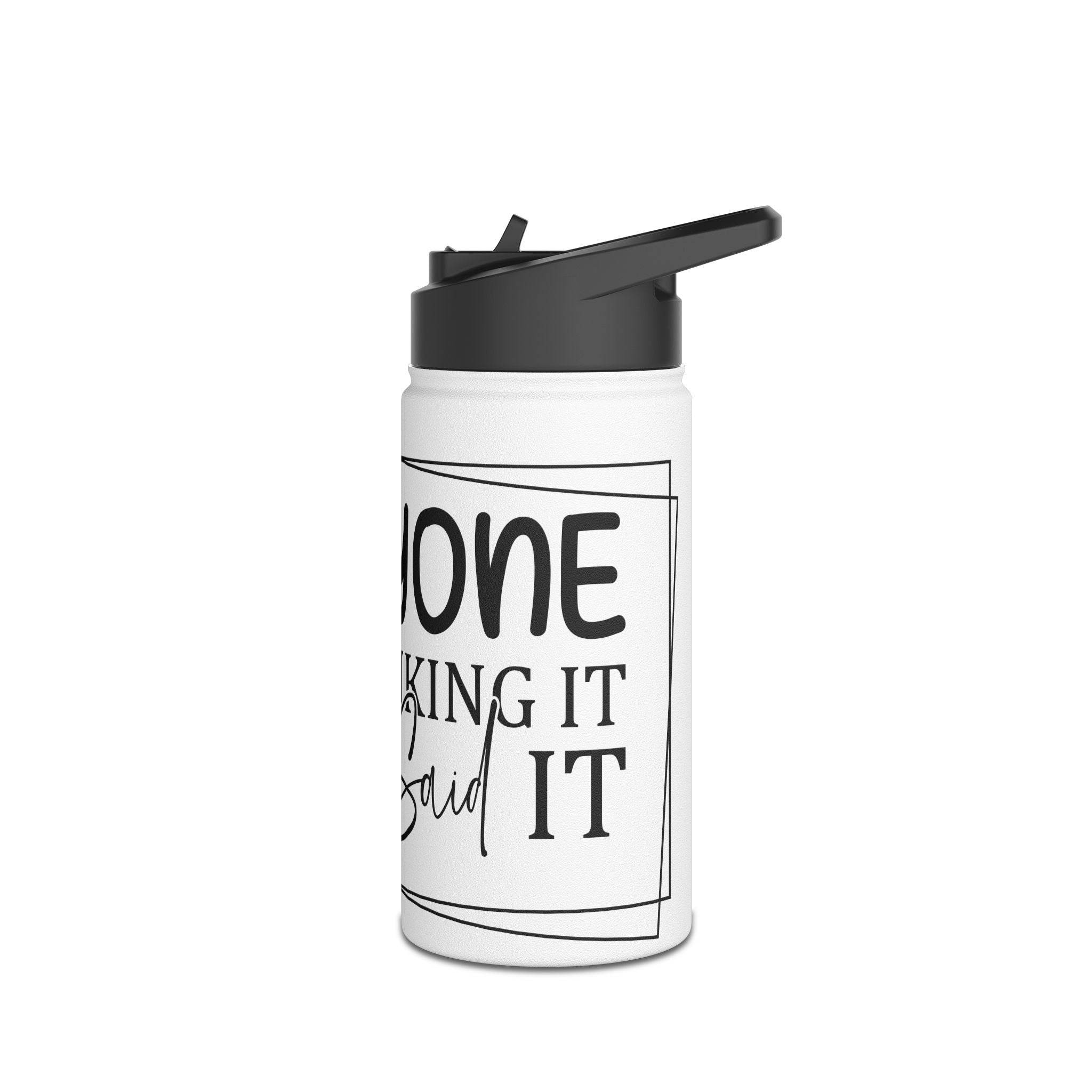 Printify eco-friendly stainless steel water bottle with black lid and motivational text design