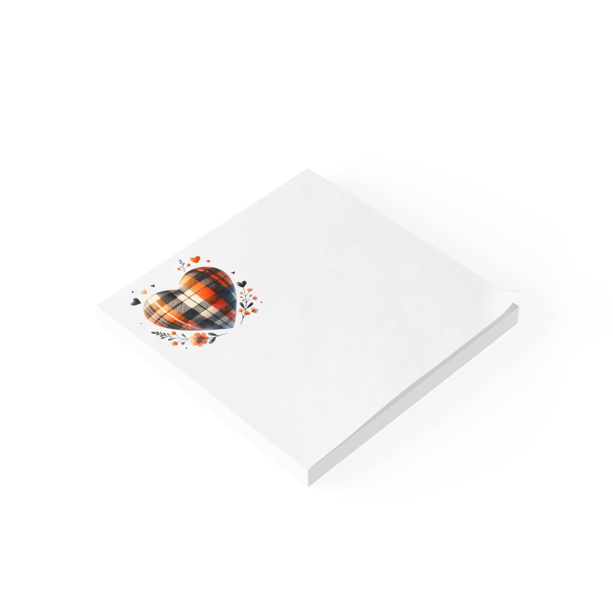 Printify eco-friendly sticky notes with plaid heart and floral design on white background