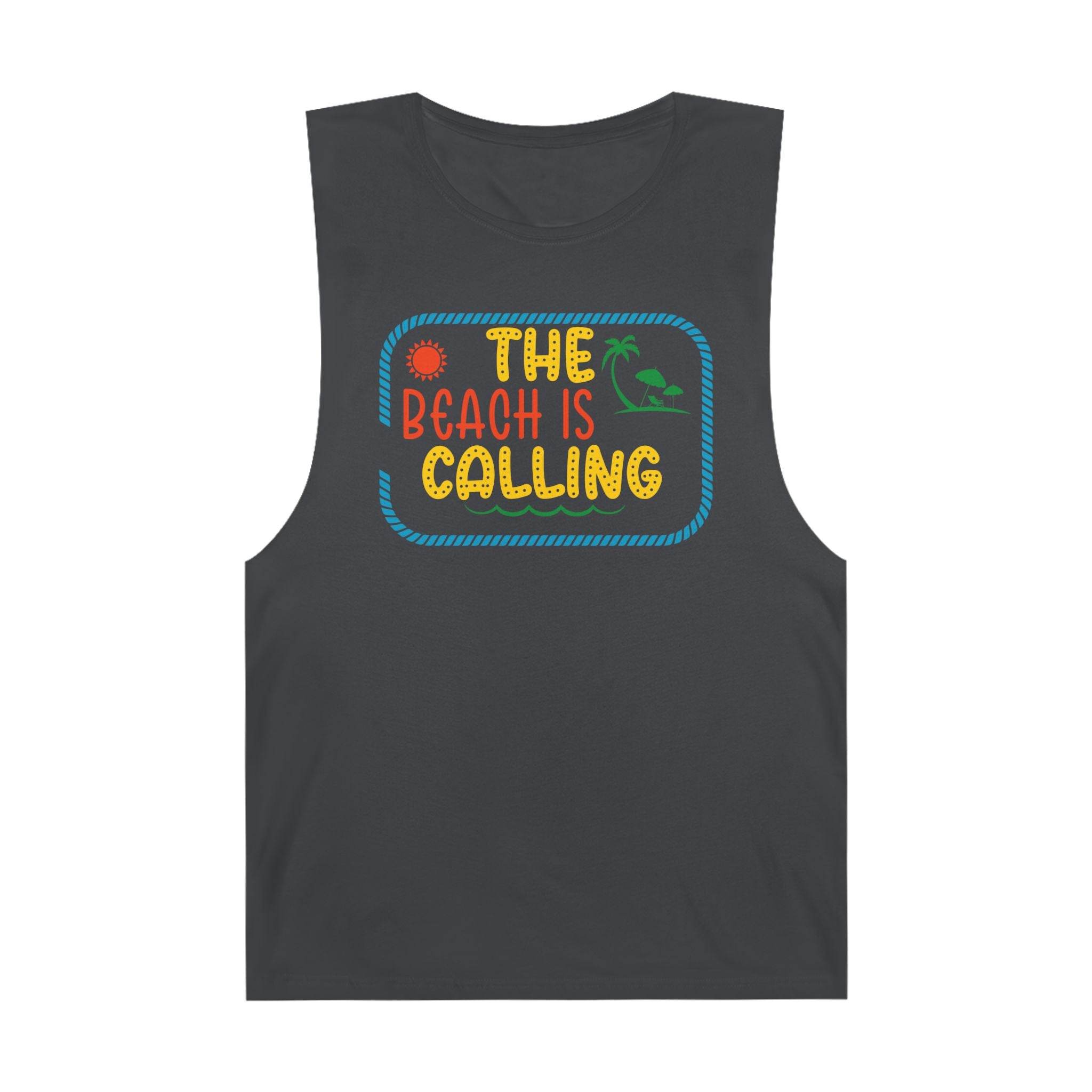 Printify eco-friendly tank top in dark gray with colorful The Beach Is Calling graphic design