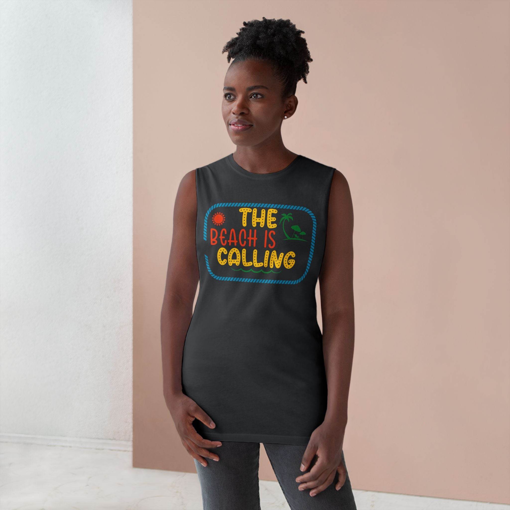 Printify eco-friendly tank top with colorful The Beach is Calling graphic worn by woman