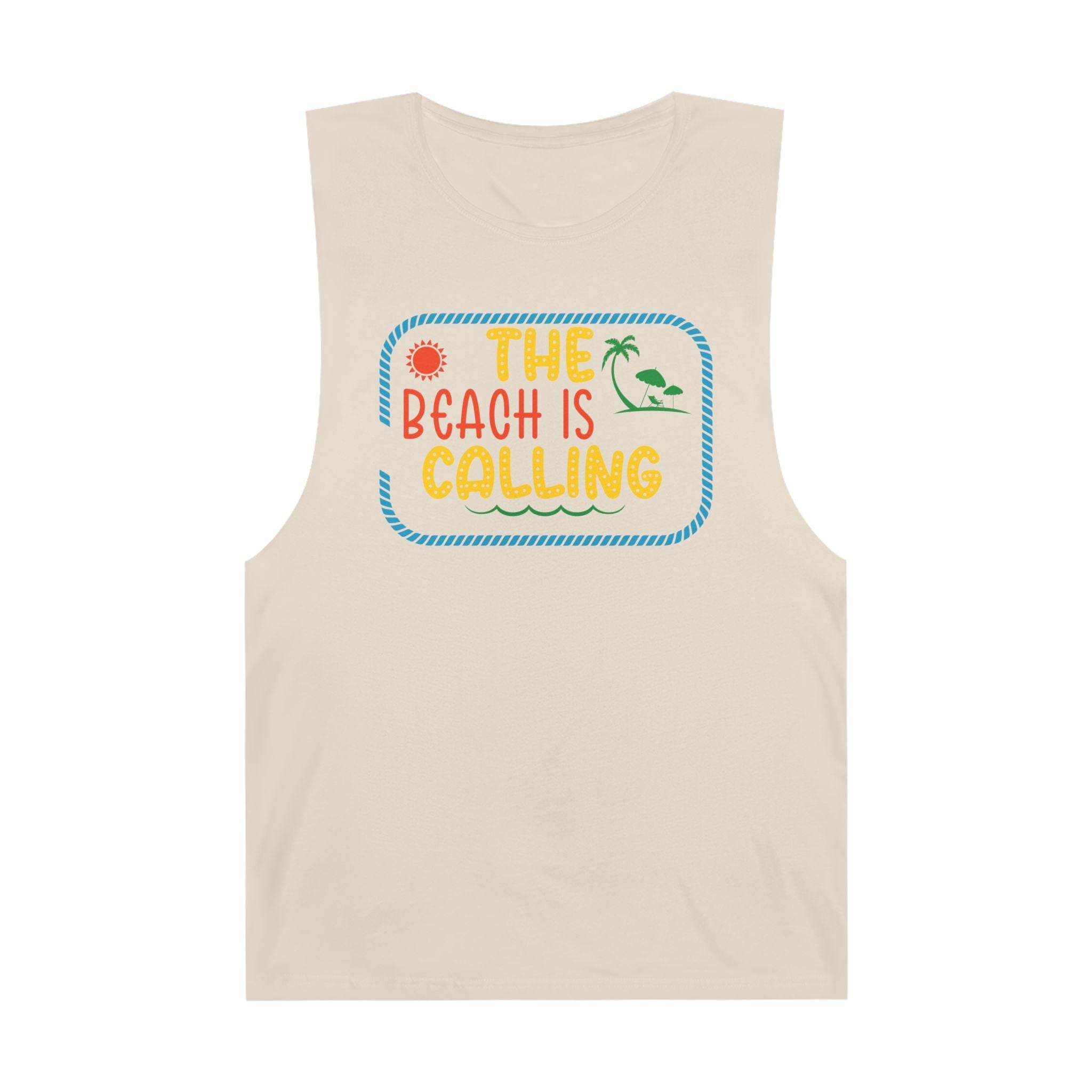 Printify eco-friendly tank top in beige with colorful The Beach Is Calling graphic design