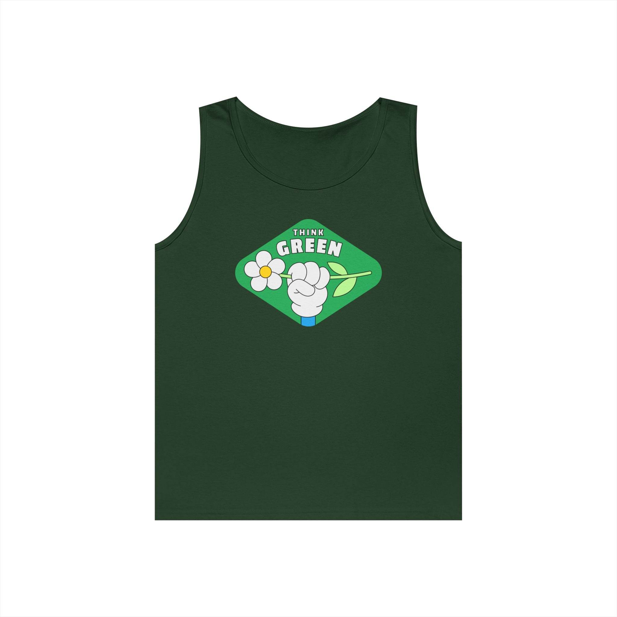 Printify eco-friendly tank top in dark green with Think Green graphic and flower design