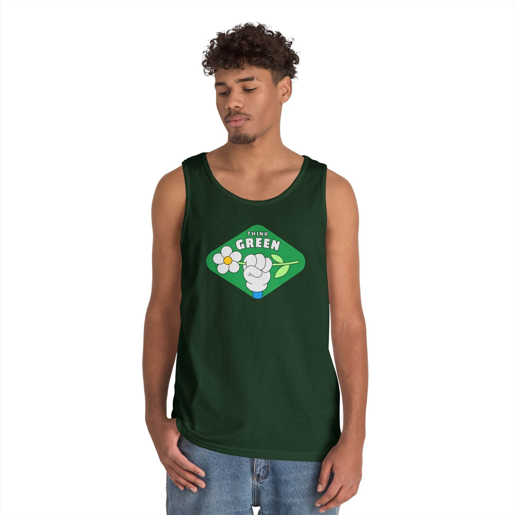 Printify eco-friendly tank top in dark green featuring think green graphic with flower and fist design