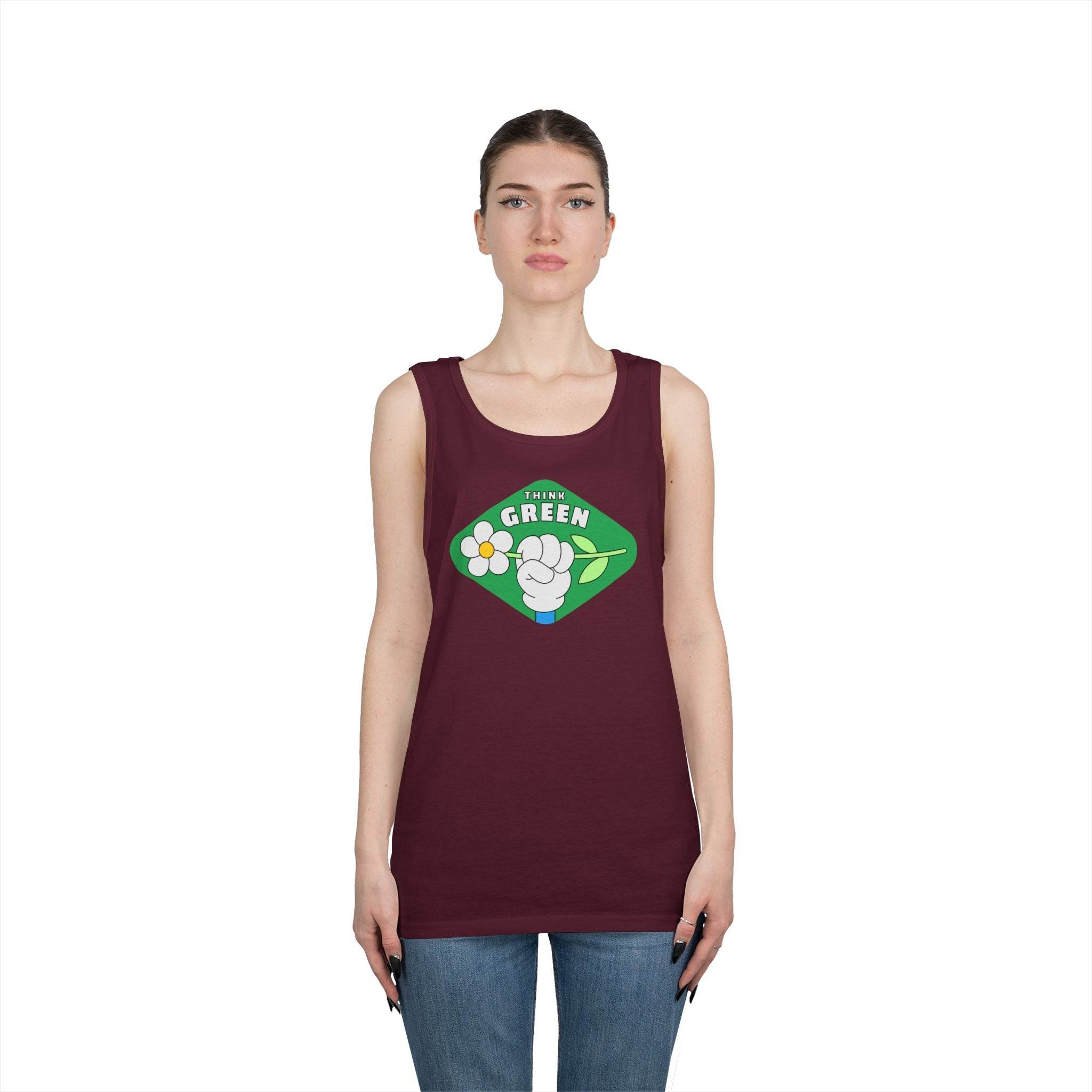 Woman wearing a maroon eco-friendly tank top with green Think Green graphic design