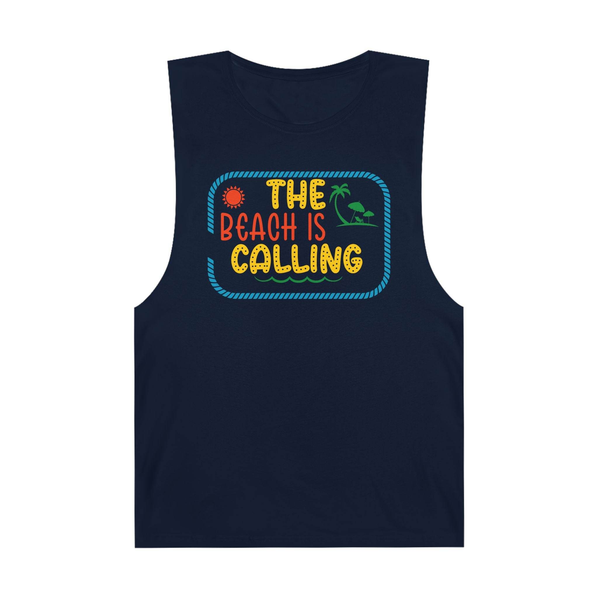 Printify navy blue eco-friendly tank top with colorful The Beach Is Calling graphic
