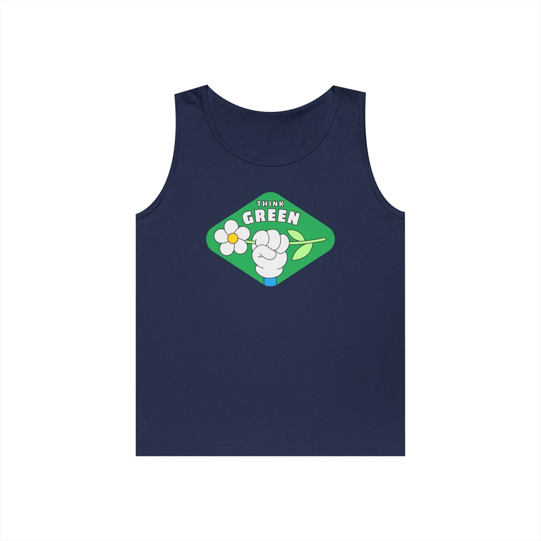 Printify navy blue eco-friendly tank top with think green graphic and flower design