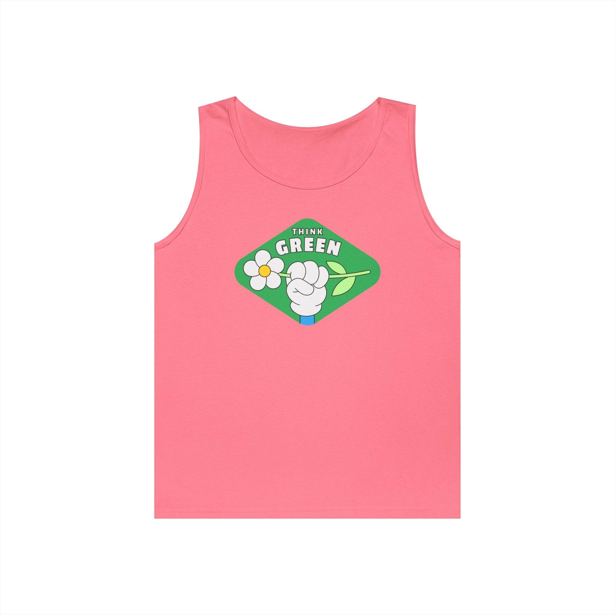Pink Printify eco-friendly tank top with Think Green graphic and flower illustration