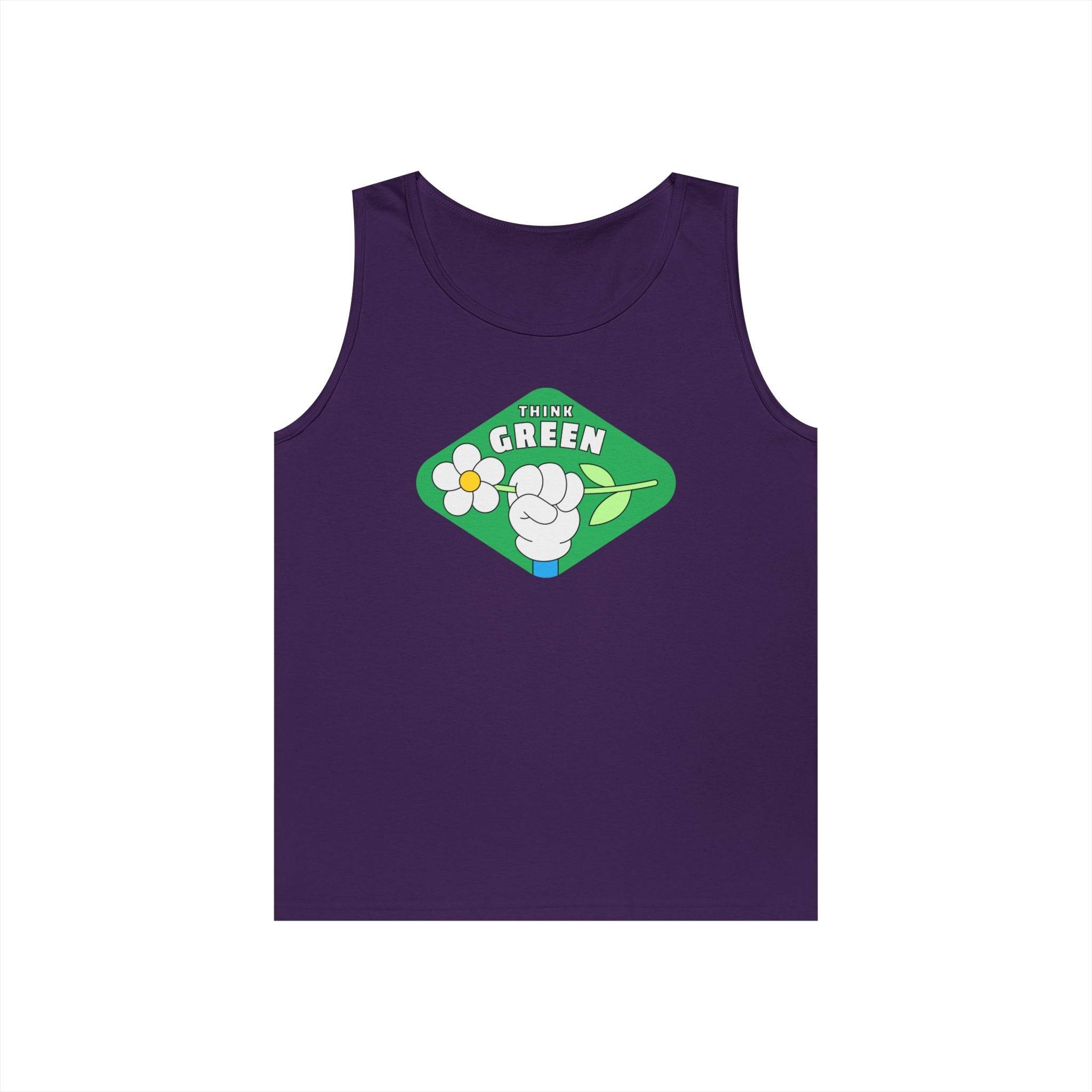 Purple Printify eco-friendly tank top with think green graphic holding a flower and leaf