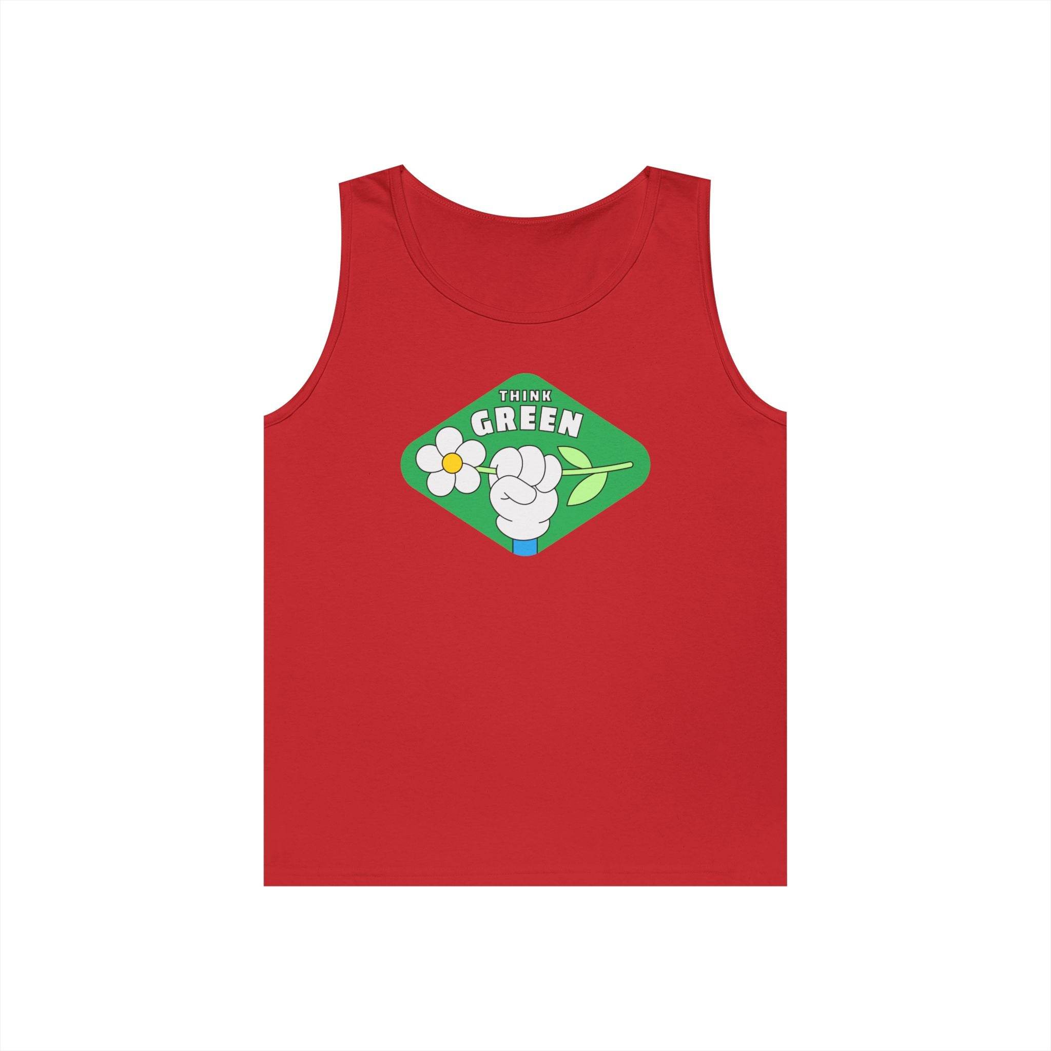 Red eco-friendly tank top by Printify with think green graphic and flower design