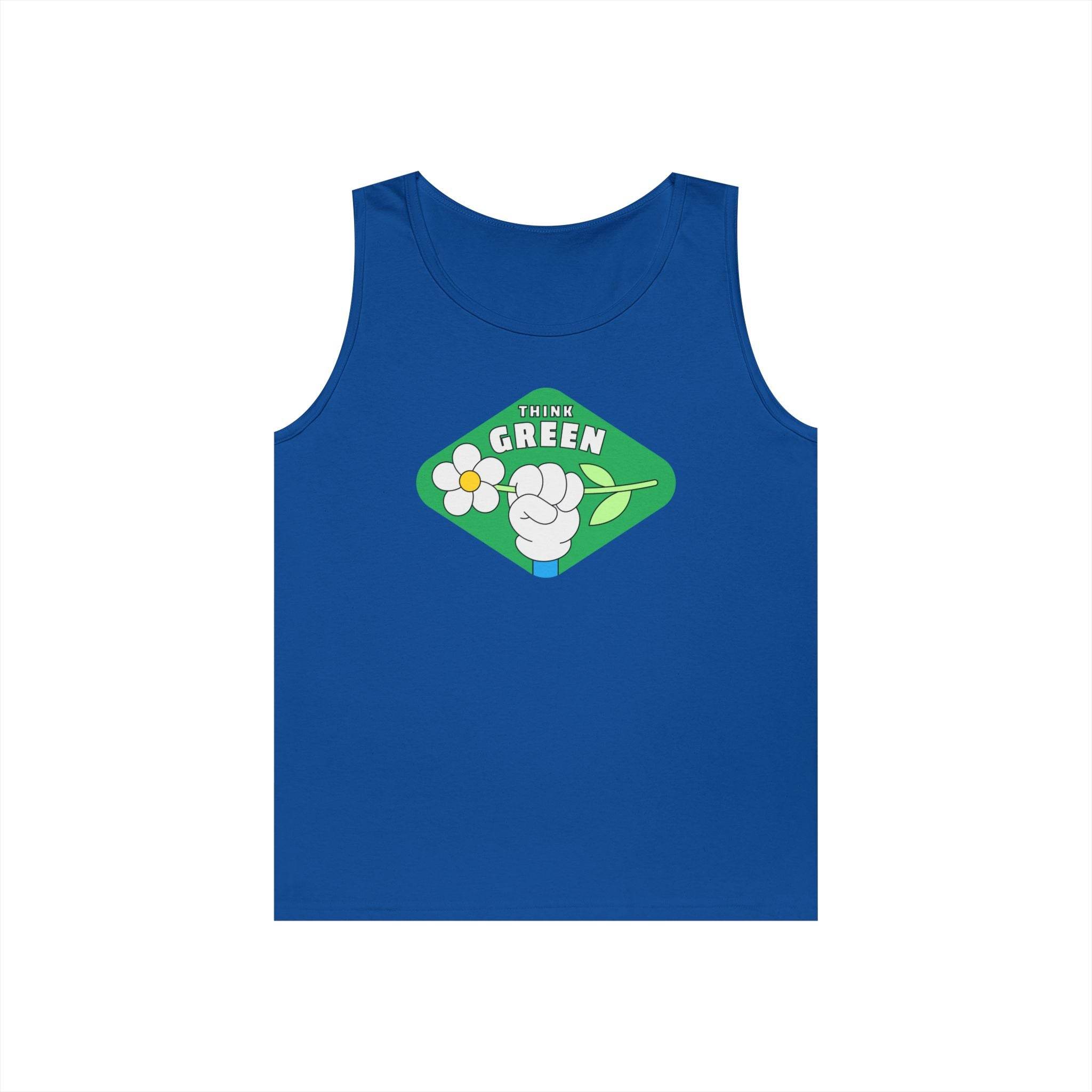 Blue Printify eco-friendly tank top with green think green graphic and flower design