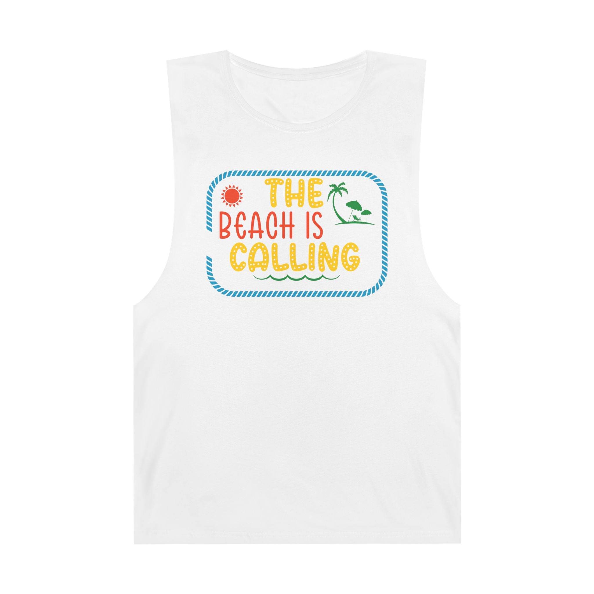 White eco-friendly tank top by Printify with colorful The Beach Is Calling graphic and tropical design