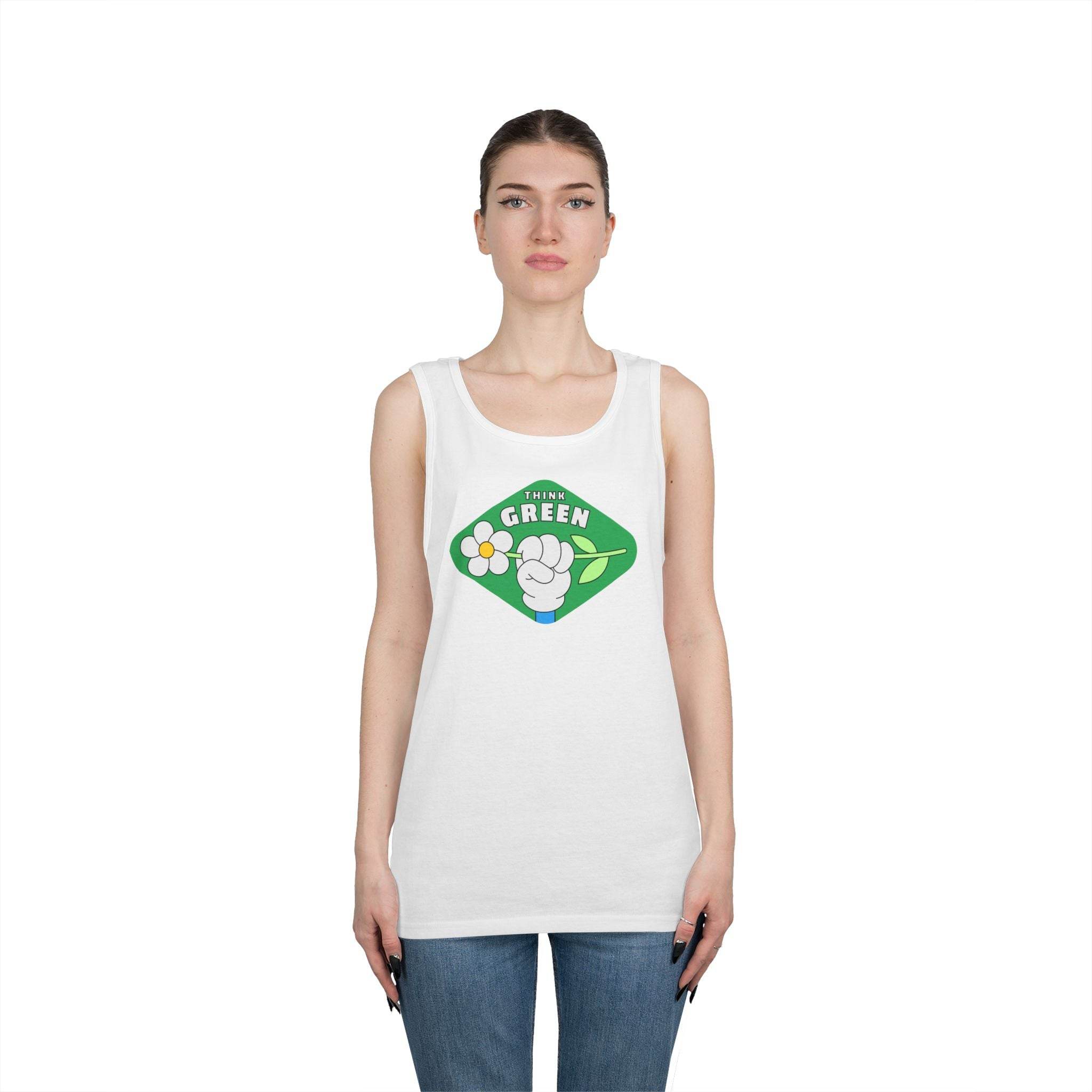 Printify white eco-friendly tank top with green Think Green graphic worn by female model