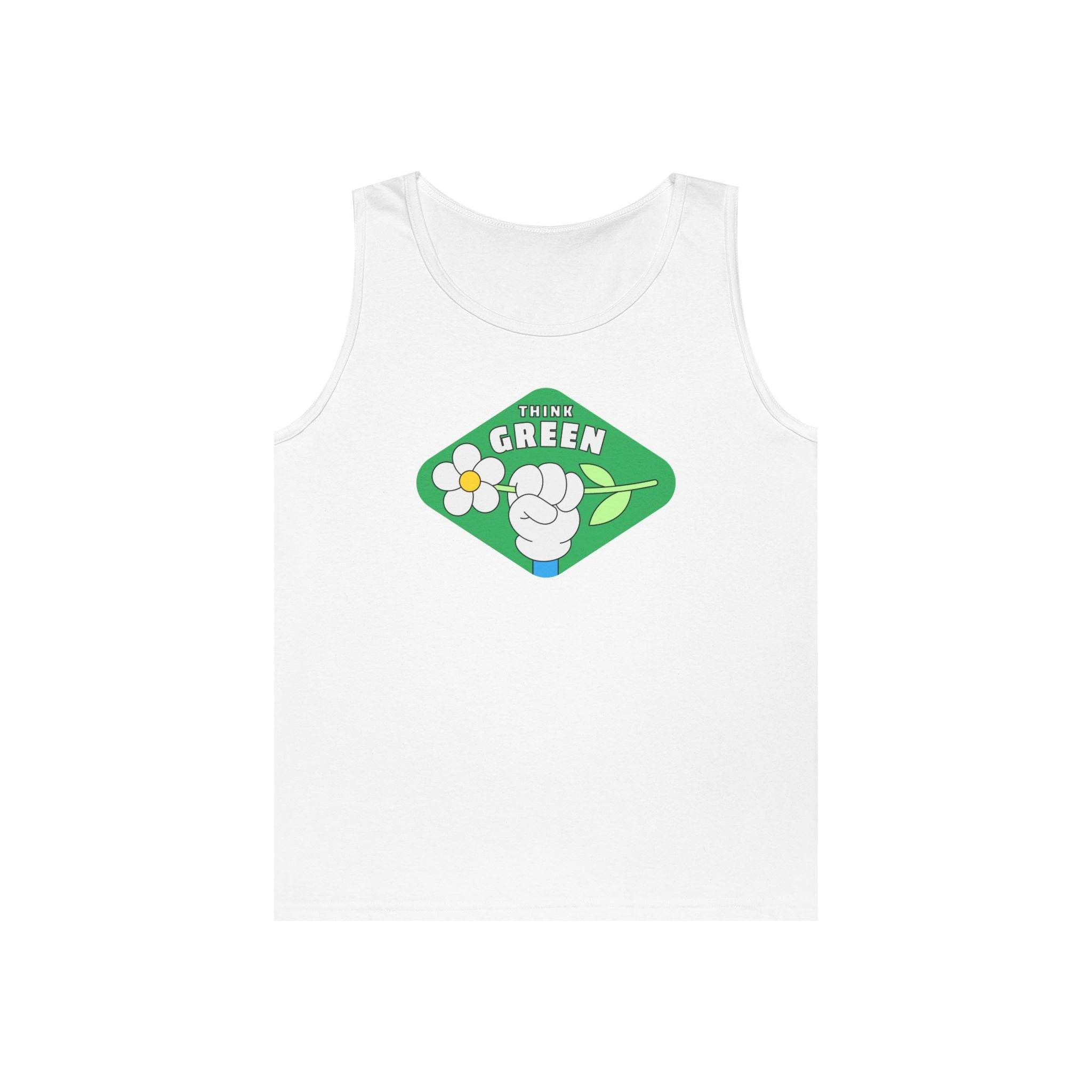 White Printify eco-friendly tank top with Think Green graphic featuring flower and fist design