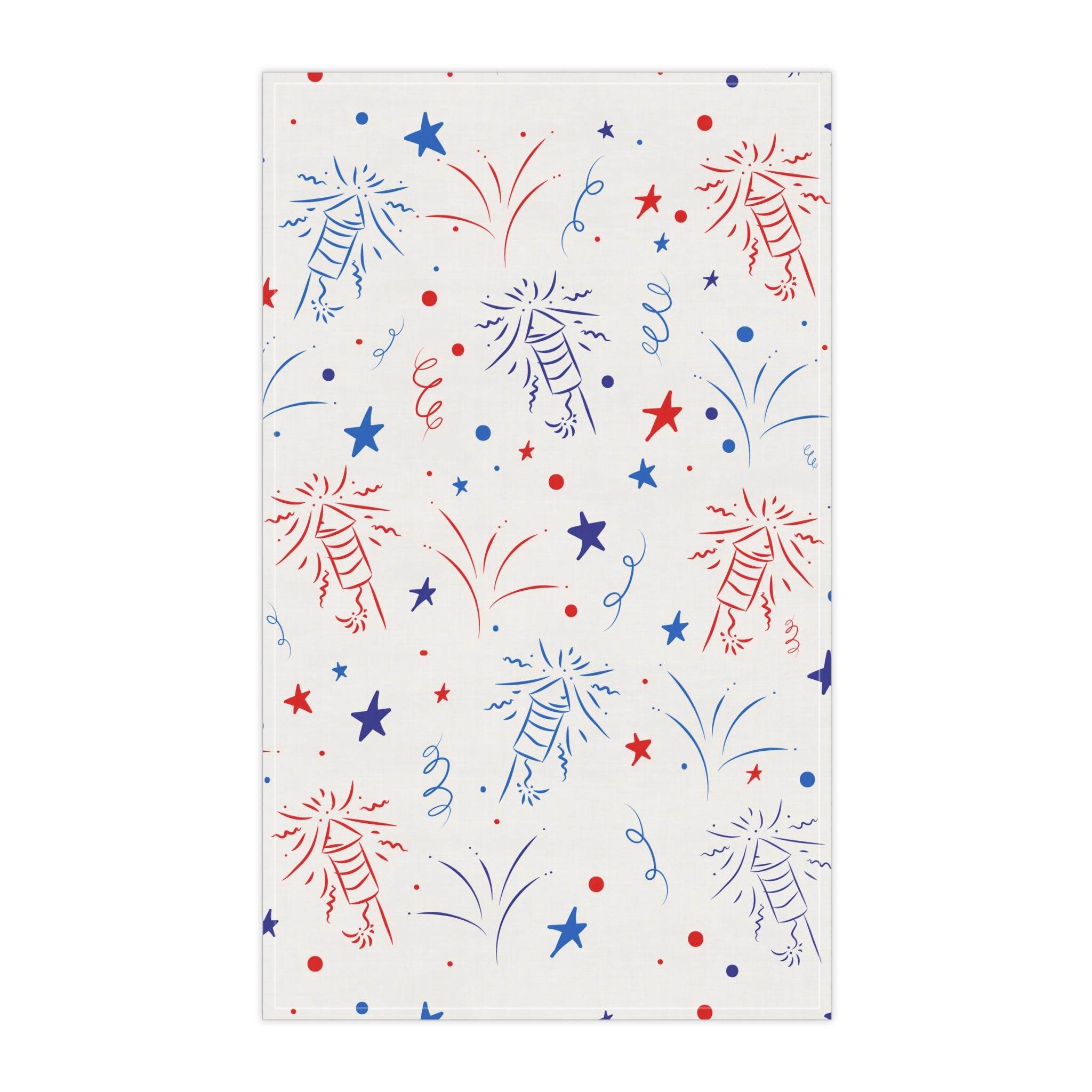Printify eco-friendly tea towels with red and blue fireworks and stars design for kitchen use
