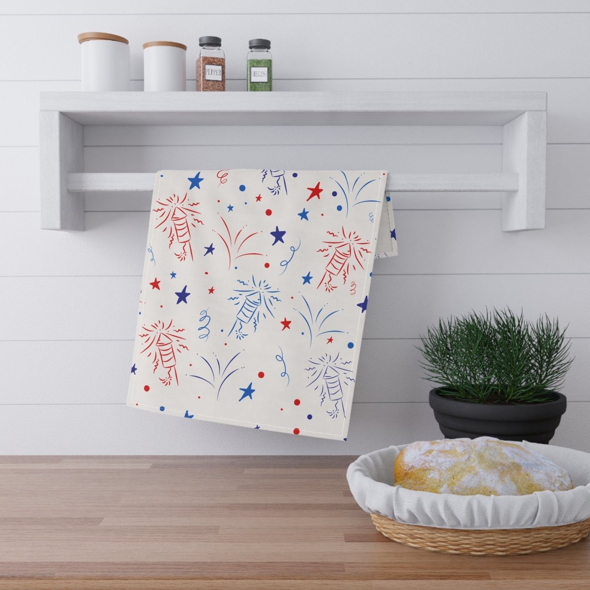 Eco-friendly tea towels featuring colorful fireworks design, perfect for kitchen decor