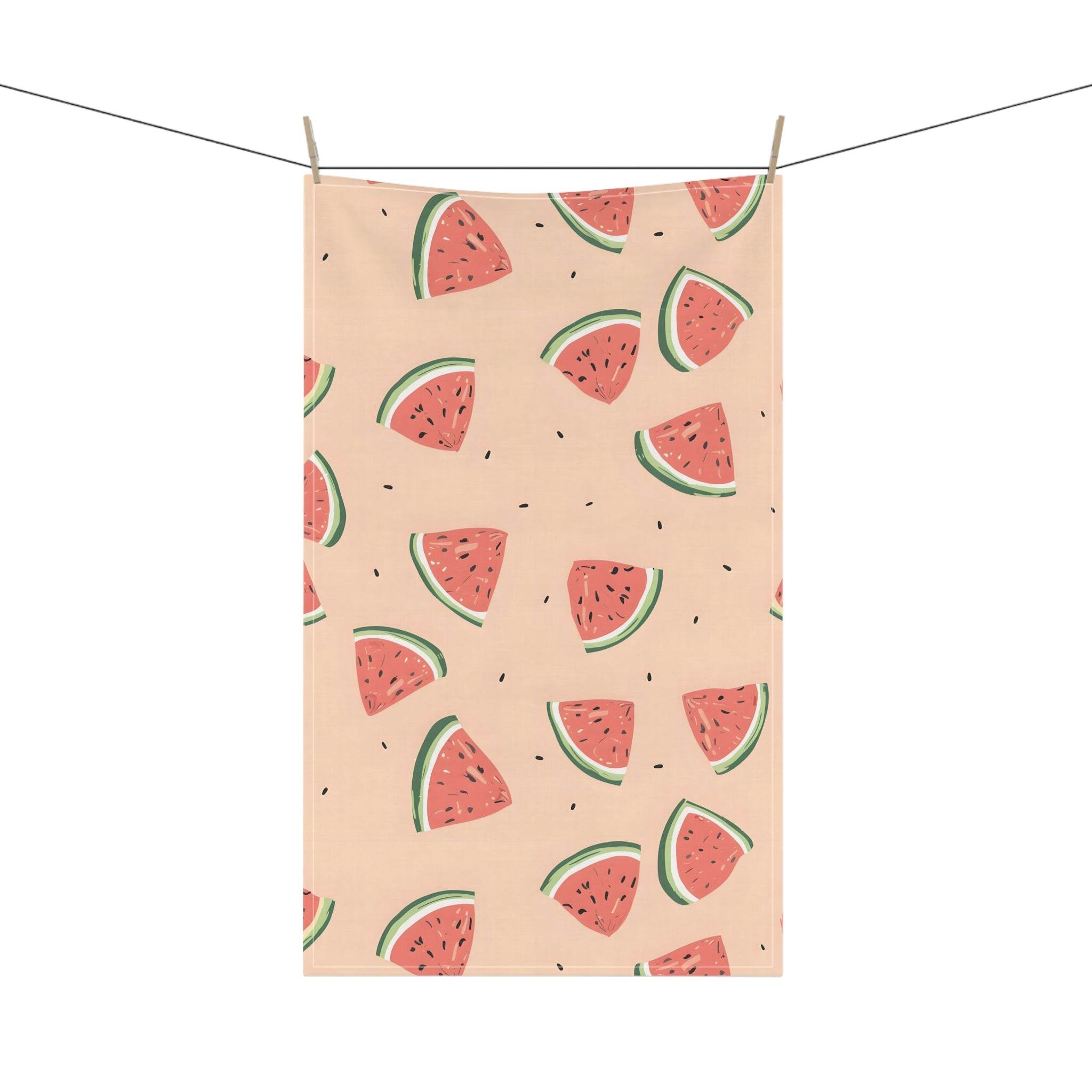 Printify eco-friendly tea towels with pink watermelon slice pattern hanging on a clothesline