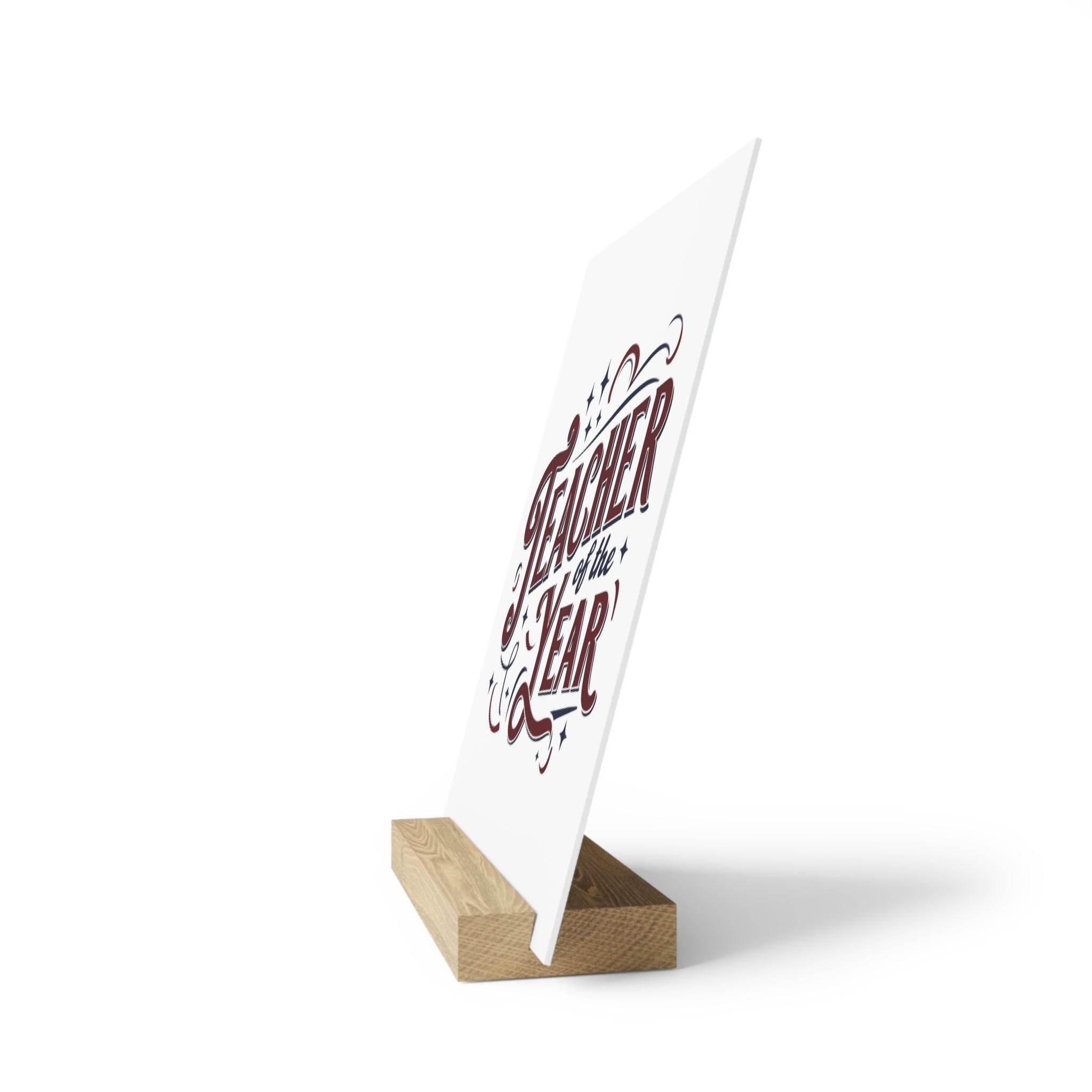 Eco-friendly teacher of the year gift decorative plaque on wooden stand by Printify