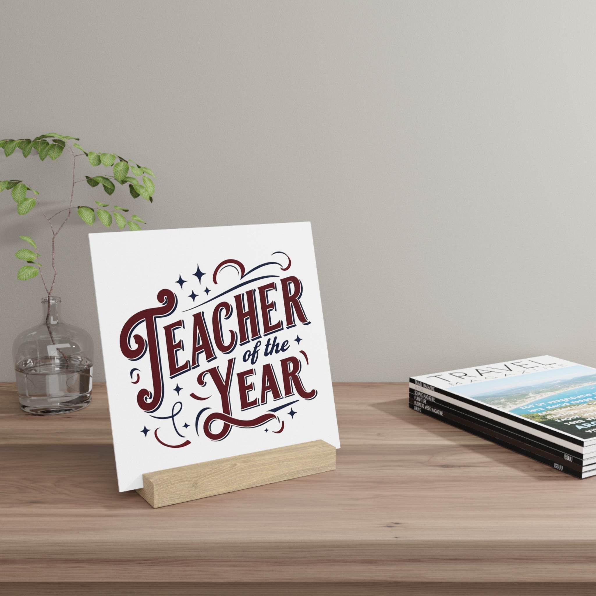 Eco-friendly teacher of the year gift home decor sign with wooden stand on desk