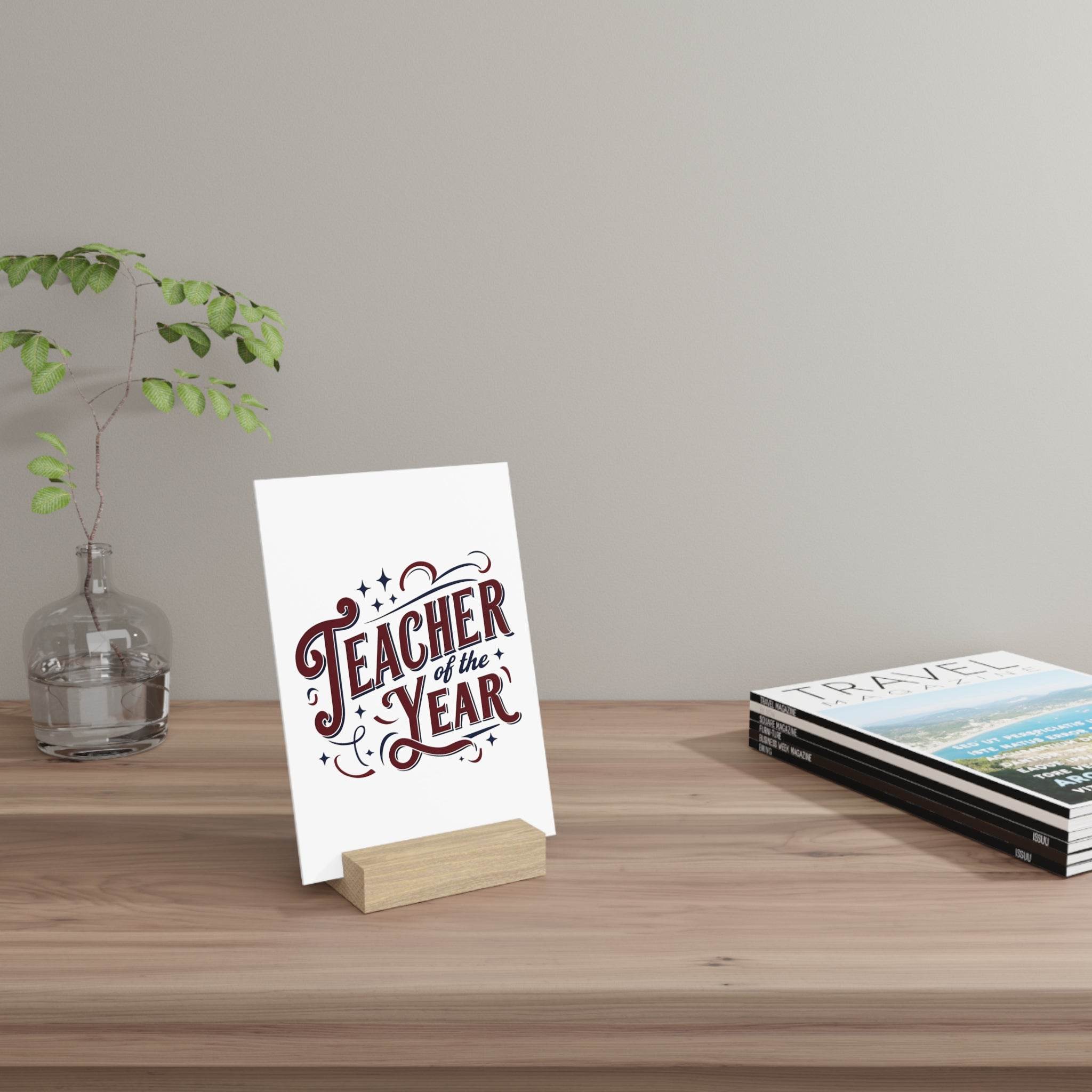 Eco-friendly teacher of the year gift card displayed on wooden stand on desk with plant and magazines