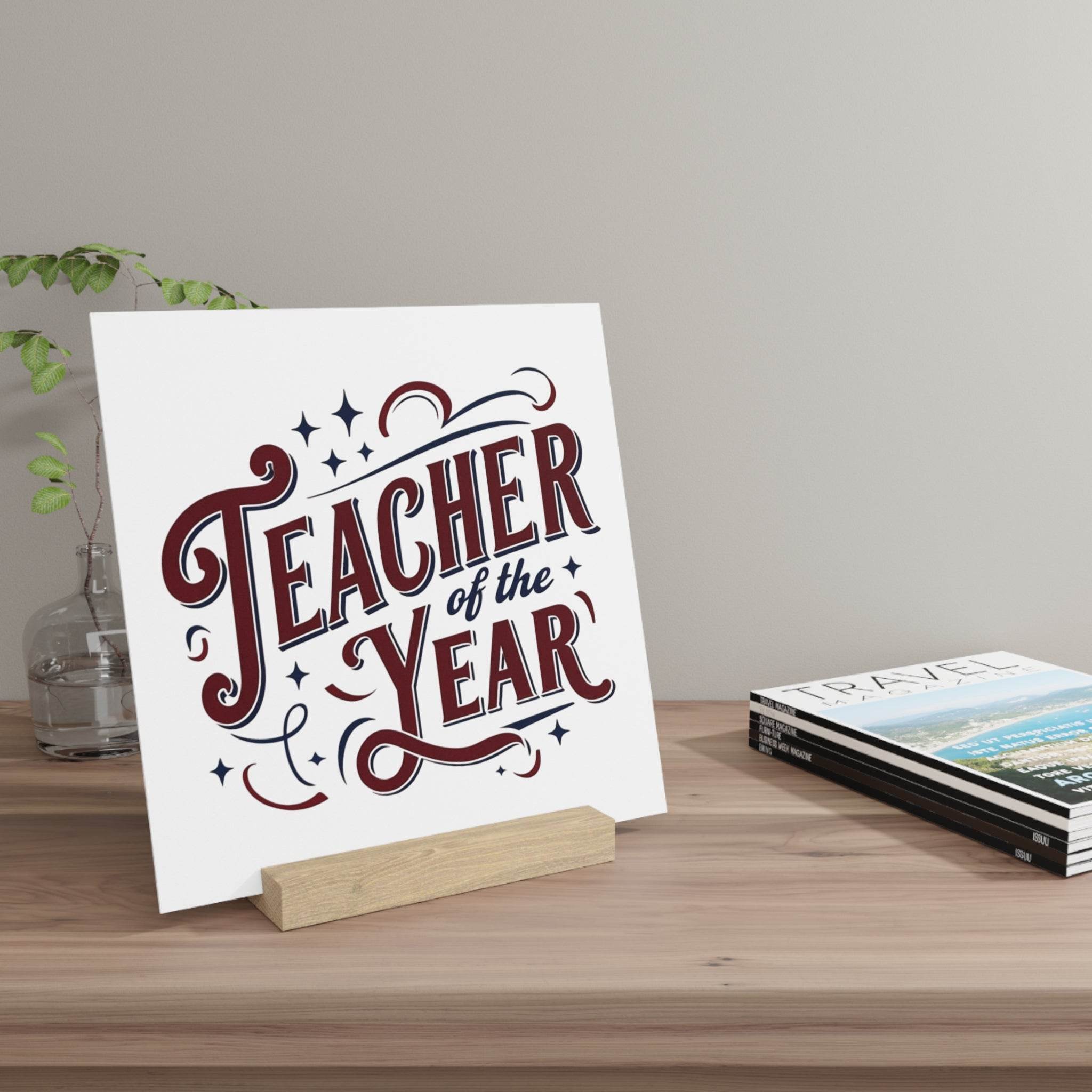 Eco-friendly teacher of the year gift home decor sign with stylish lettering on wooden stand