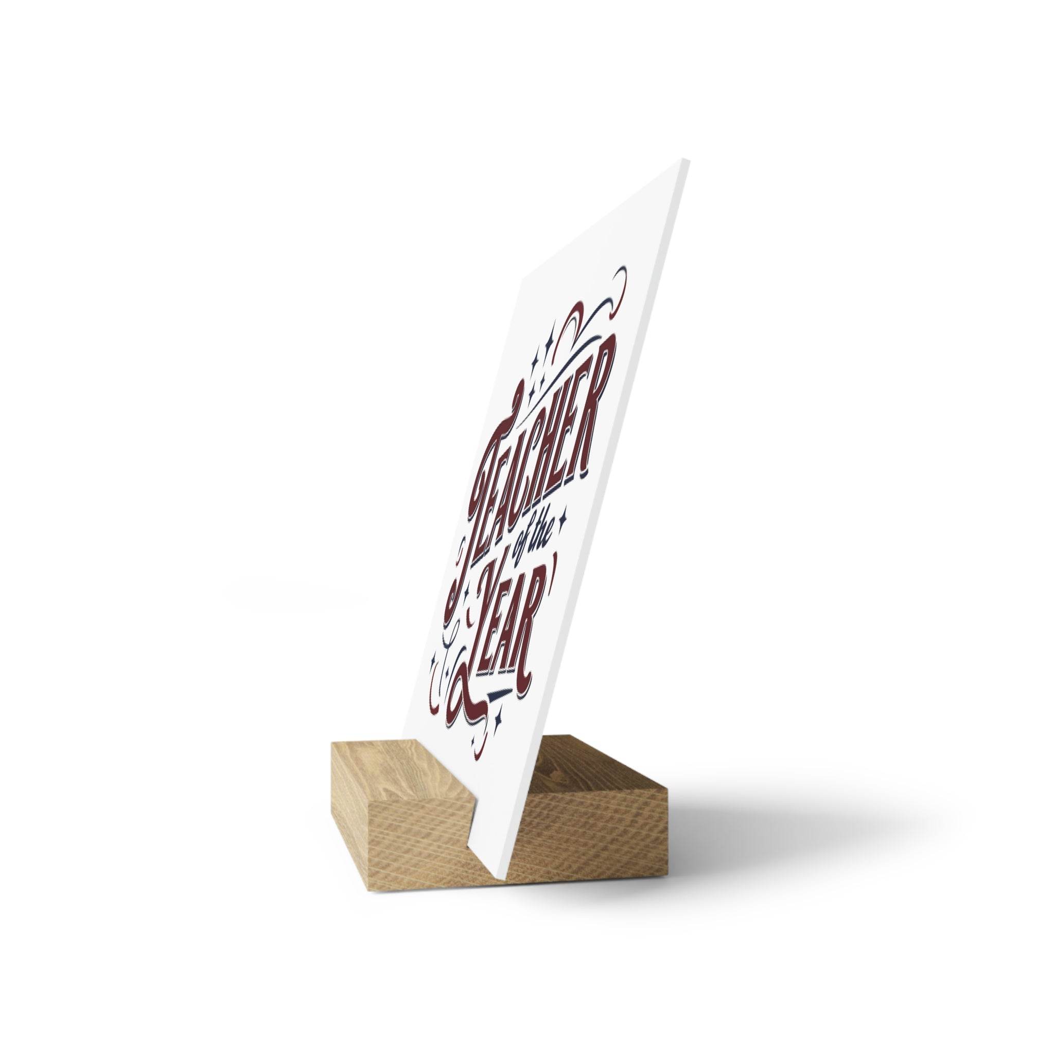 Eco-friendly teacher of the year gift wooden stand with decorative printed plaque from Printify