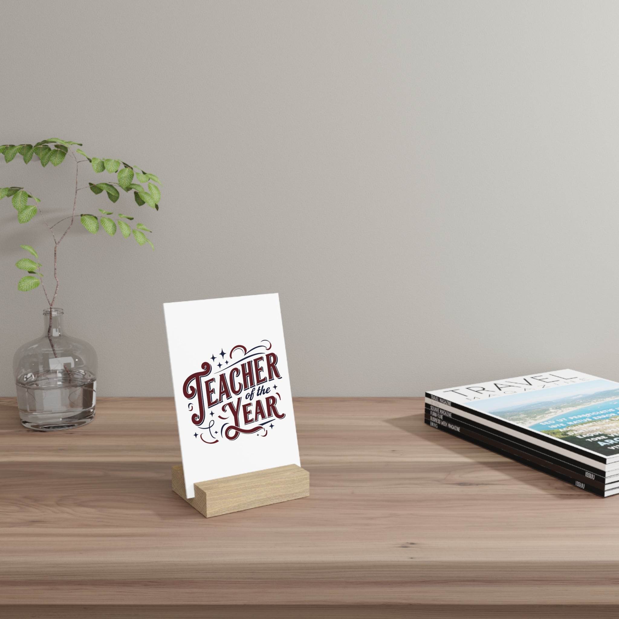 Eco-friendly teacher of the year gift wooden photo holder with decorative card on wooden desk