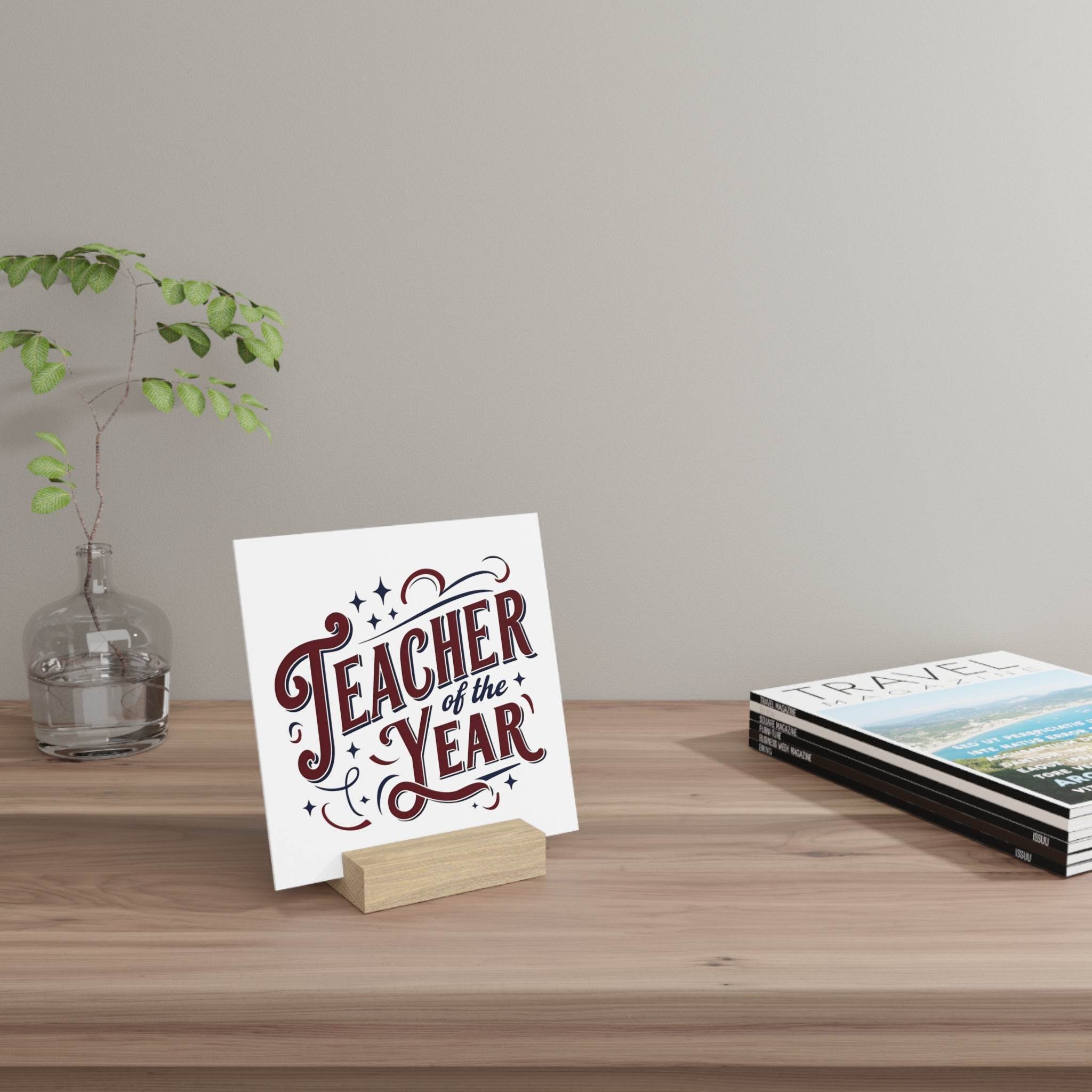 Eco-friendly teacher of the year gift sign on wooden stand with plant and books on table
