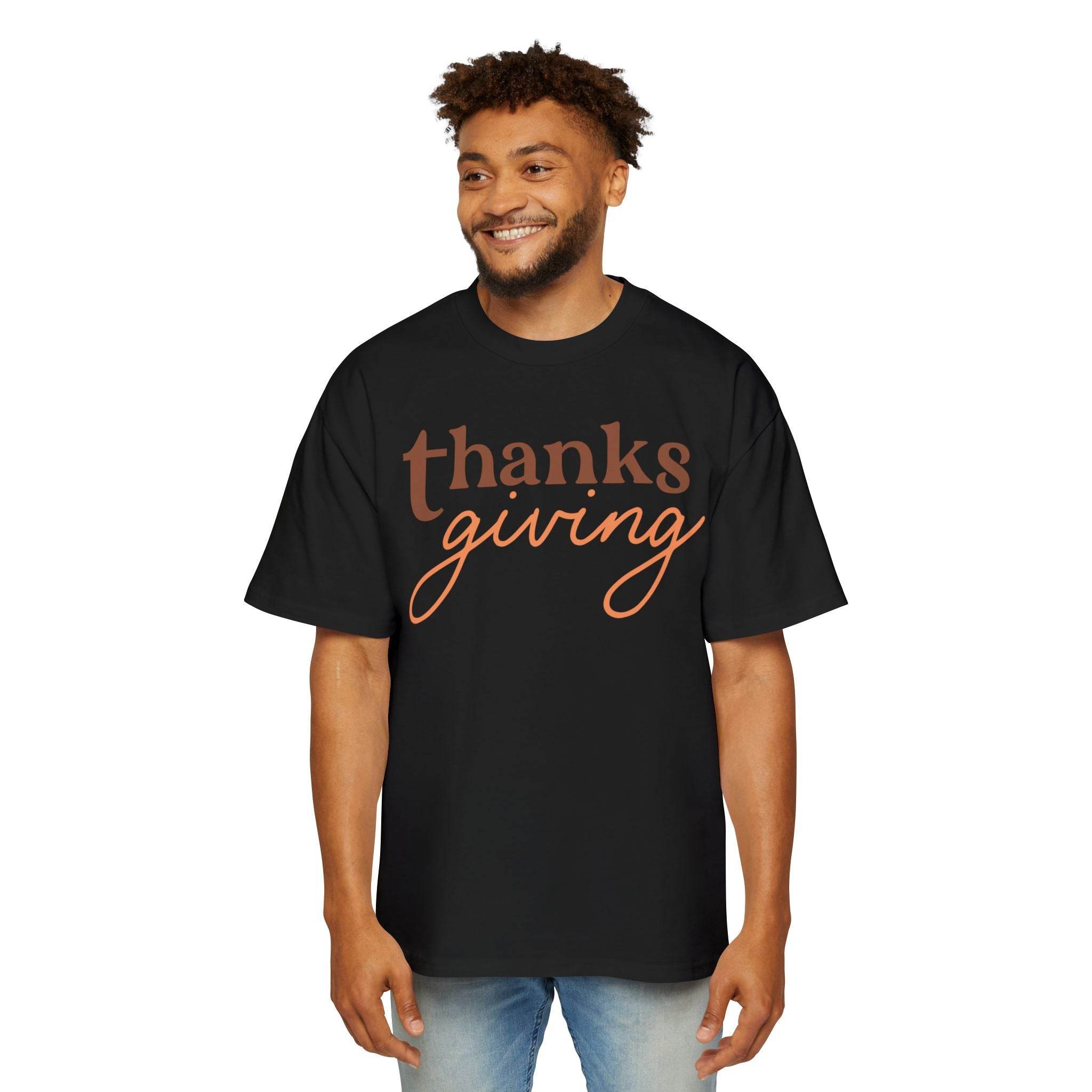 Printify eco-friendly Thanksgiving shirt men black t-shirt with brown and orange text design