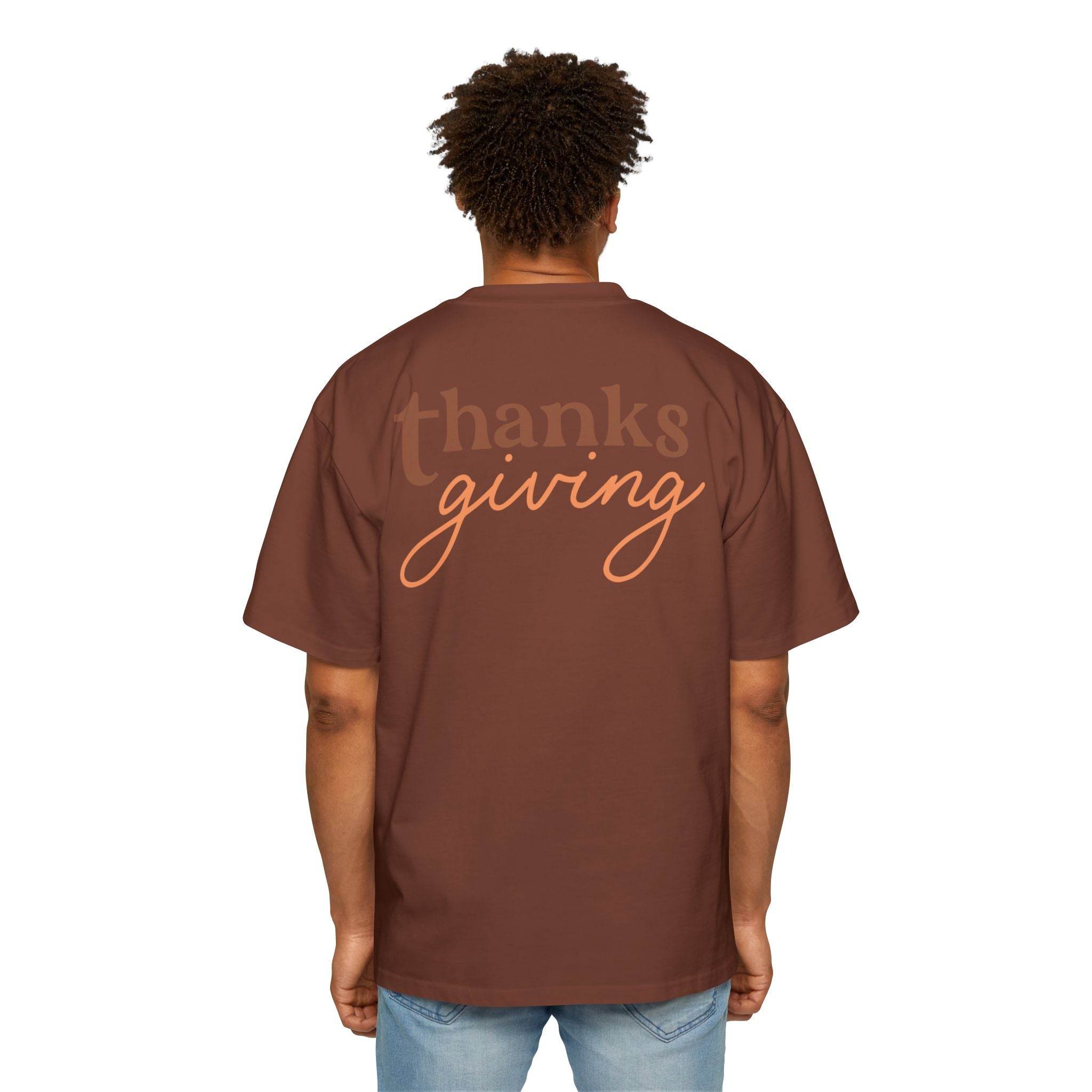 Back view of eco-friendly Thanksgiving shirt men in brown with thanksgiving text by Printify