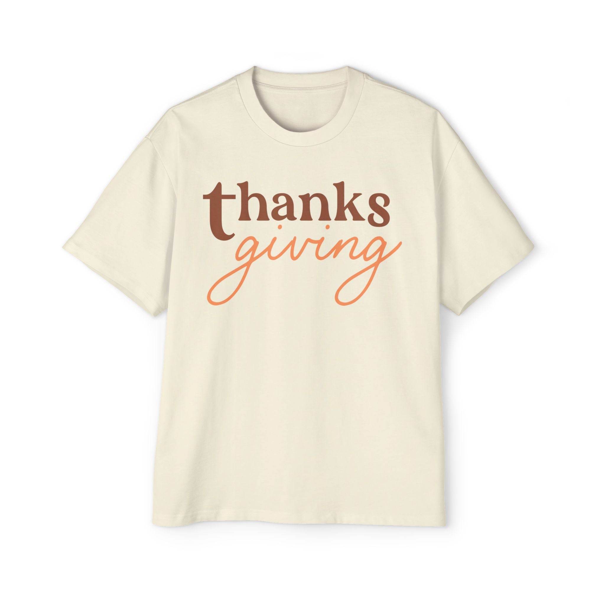 Printify eco-friendly Thanksgiving shirt men in cream with brown and orange Thanksgiving text