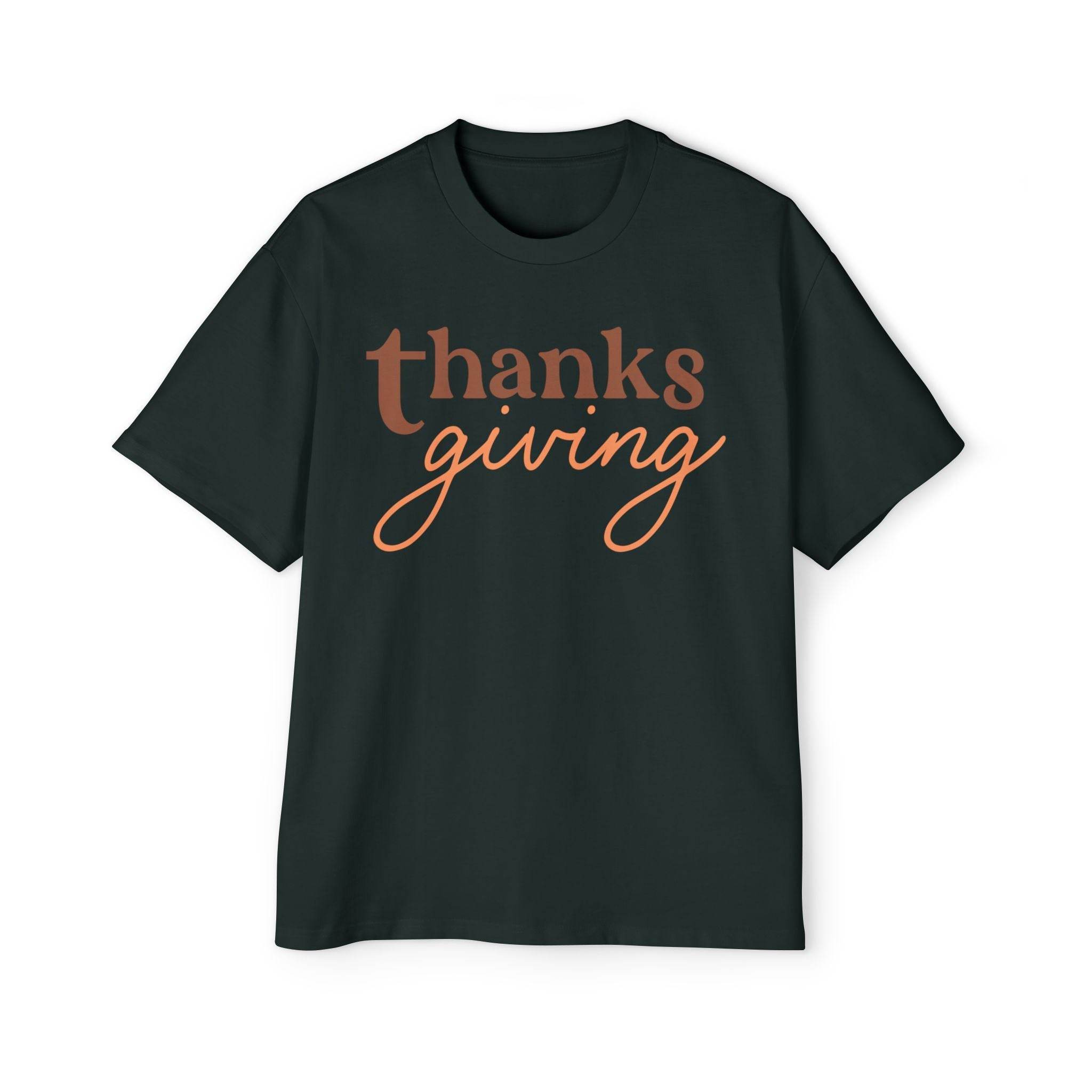 Printify black eco-friendly Thanksgiving shirt men with brown and orange thanksgiving text