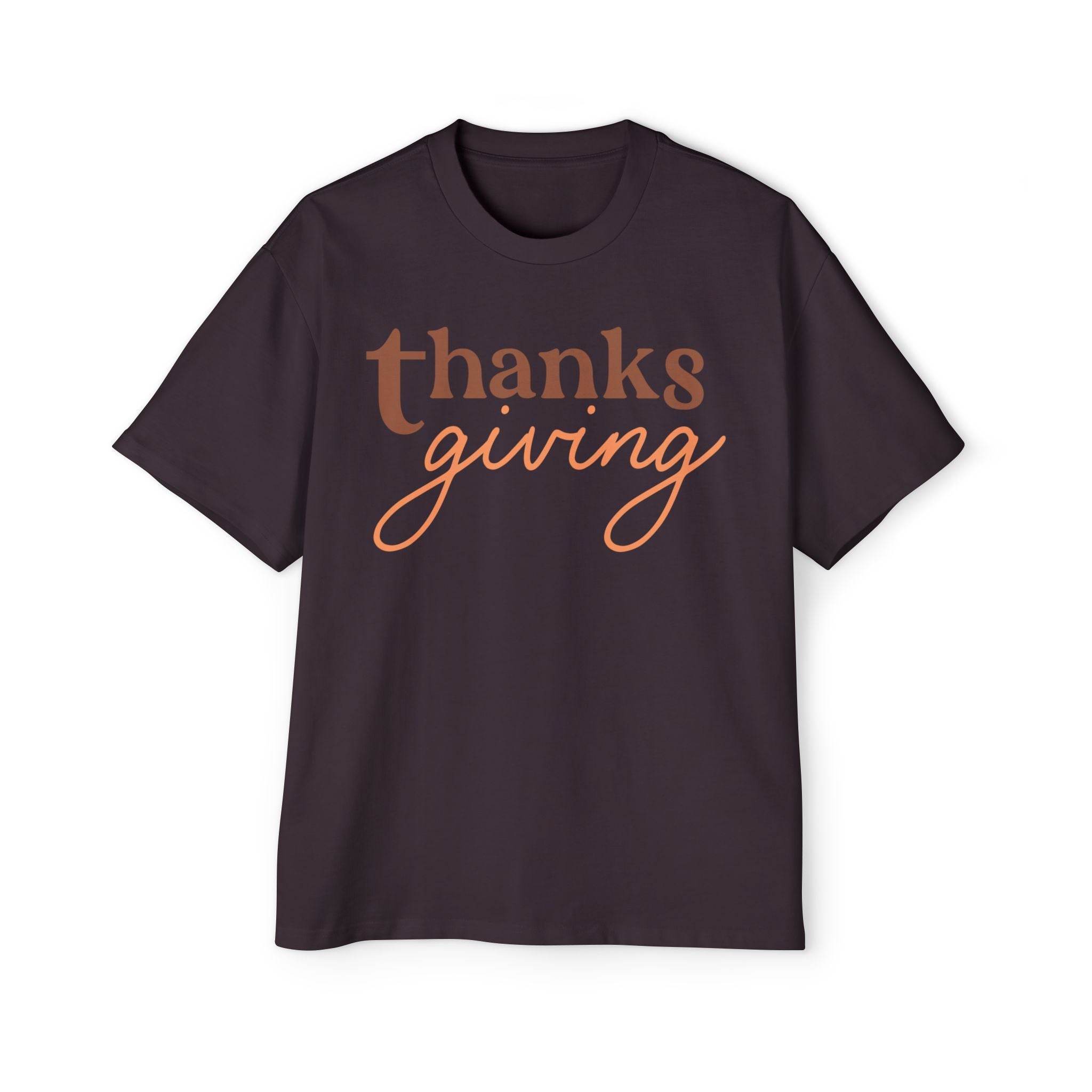 Printify eco-friendly Thanksgiving shirt men in dark color with brown and orange text design