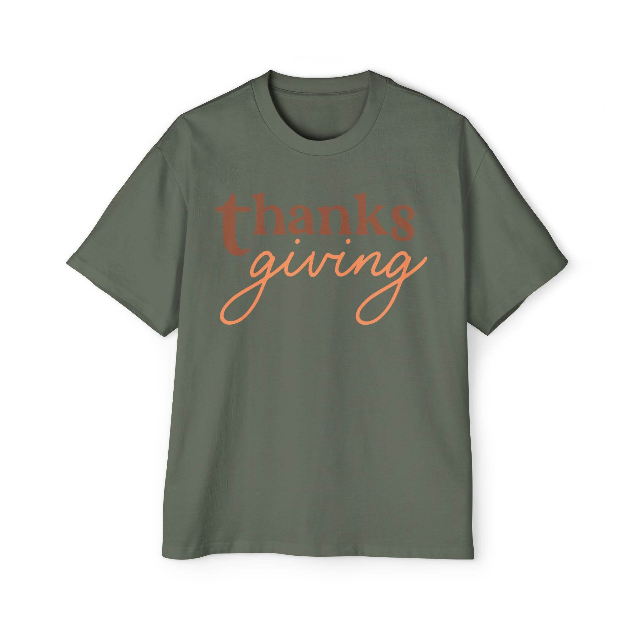 Printify eco-friendly Thanksgiving shirt men in green with autumn-themed typography design