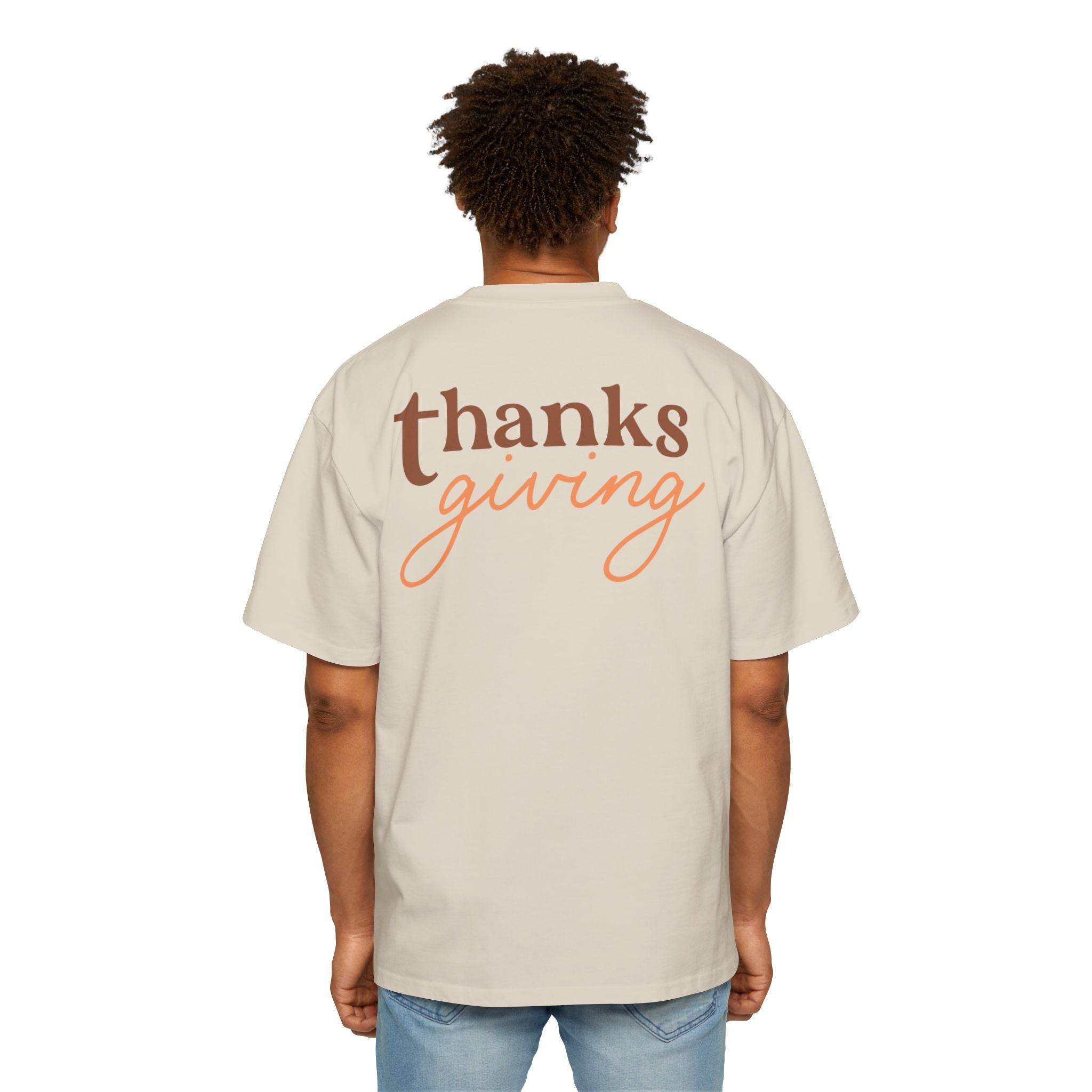 Back view of eco-friendly Thanksgiving shirt men in beige with brown and orange text from Printify