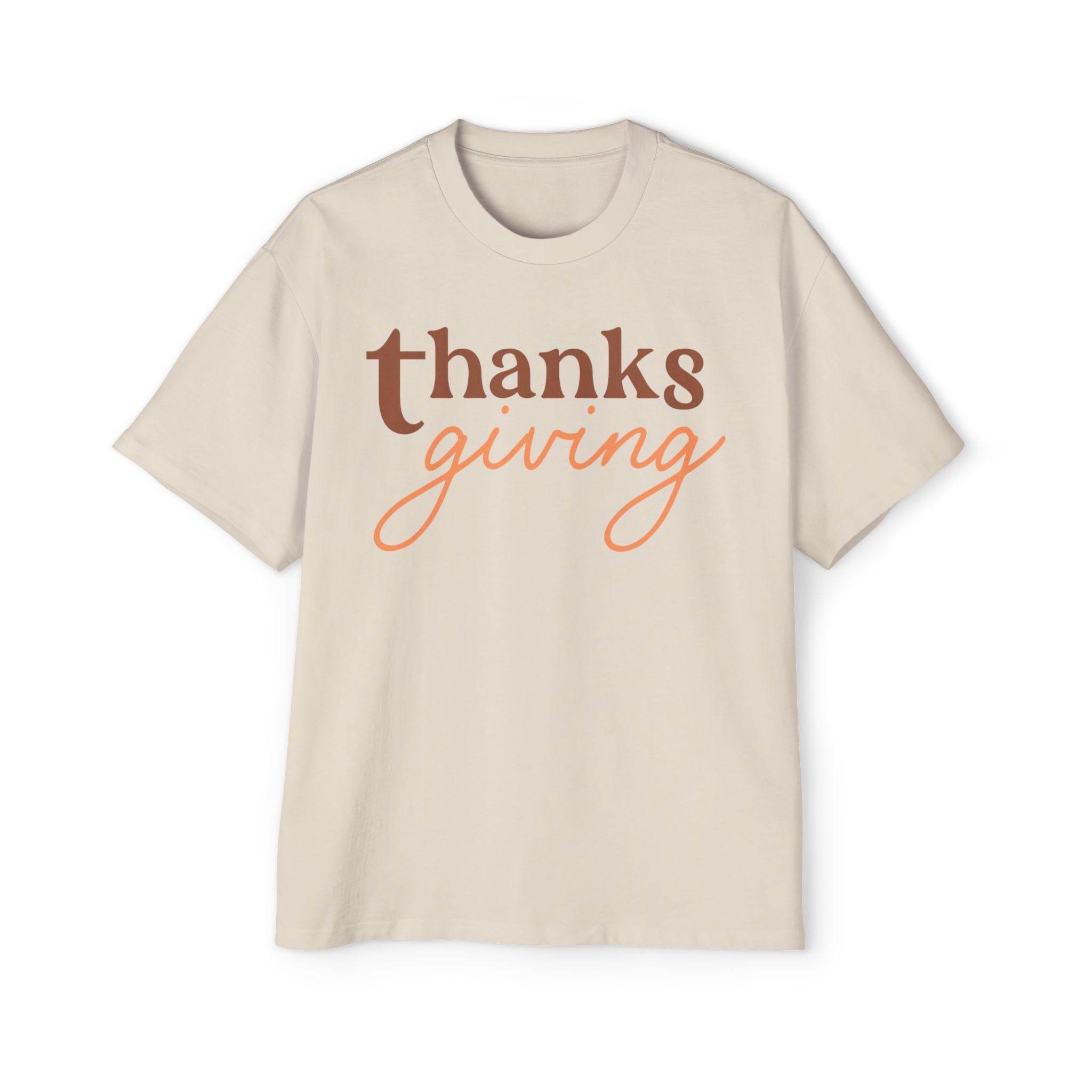 Printify eco-friendly Thanksgiving shirt men in beige with brown and orange thanksgiving text