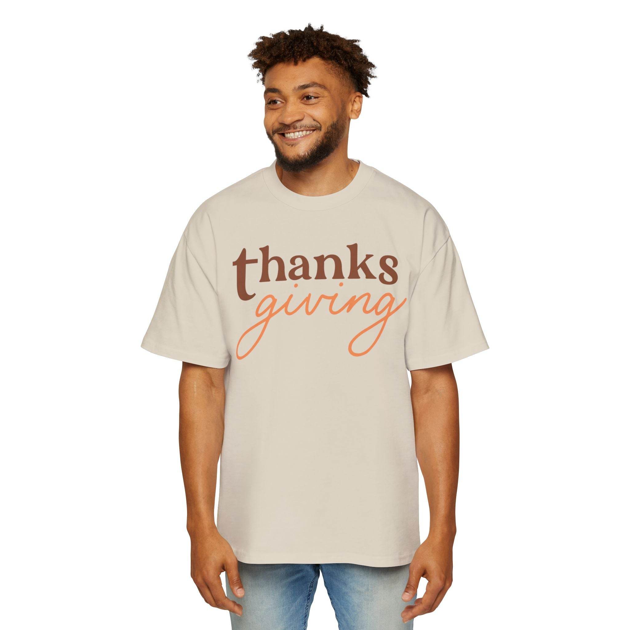 Men wearing Printify eco-friendly Thanksgiving shirt men in beige with Thanksgiving text design