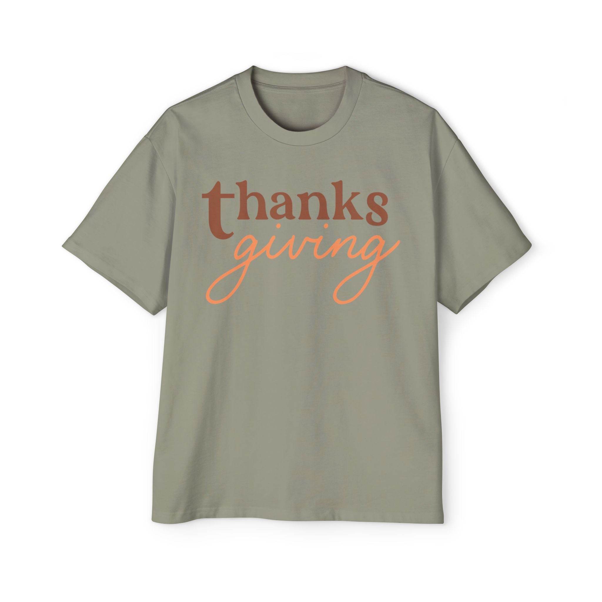 Printify eco-friendly Thanksgiving shirt men with brown and orange thanksgiving text on green t-shirt