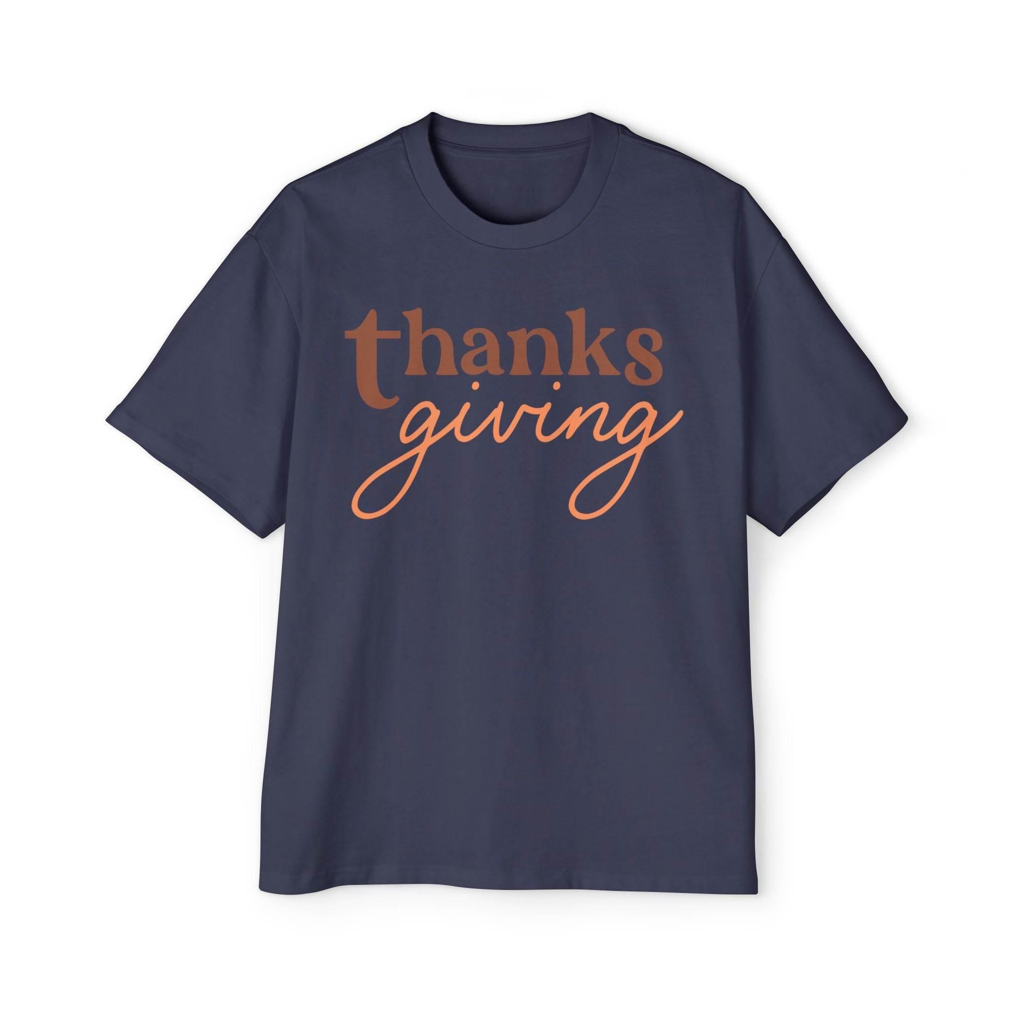 Printify navy blue eco-friendly Thanksgiving shirt men with brown and orange thanksgiving text