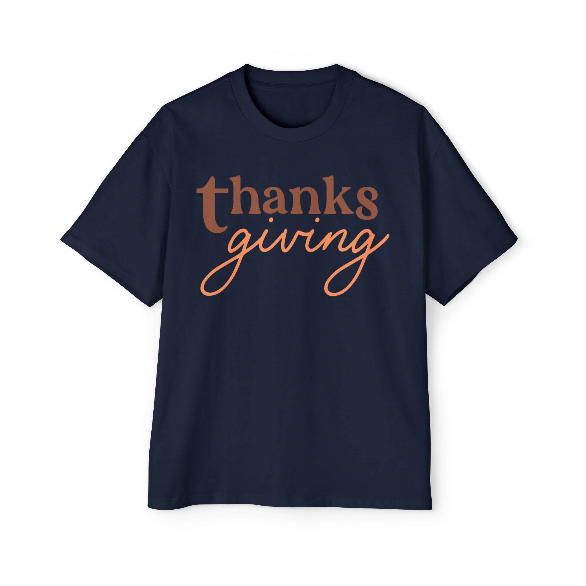 Navy Printify eco-friendly Thanksgiving shirt men with brown and orange thanksgiving text design