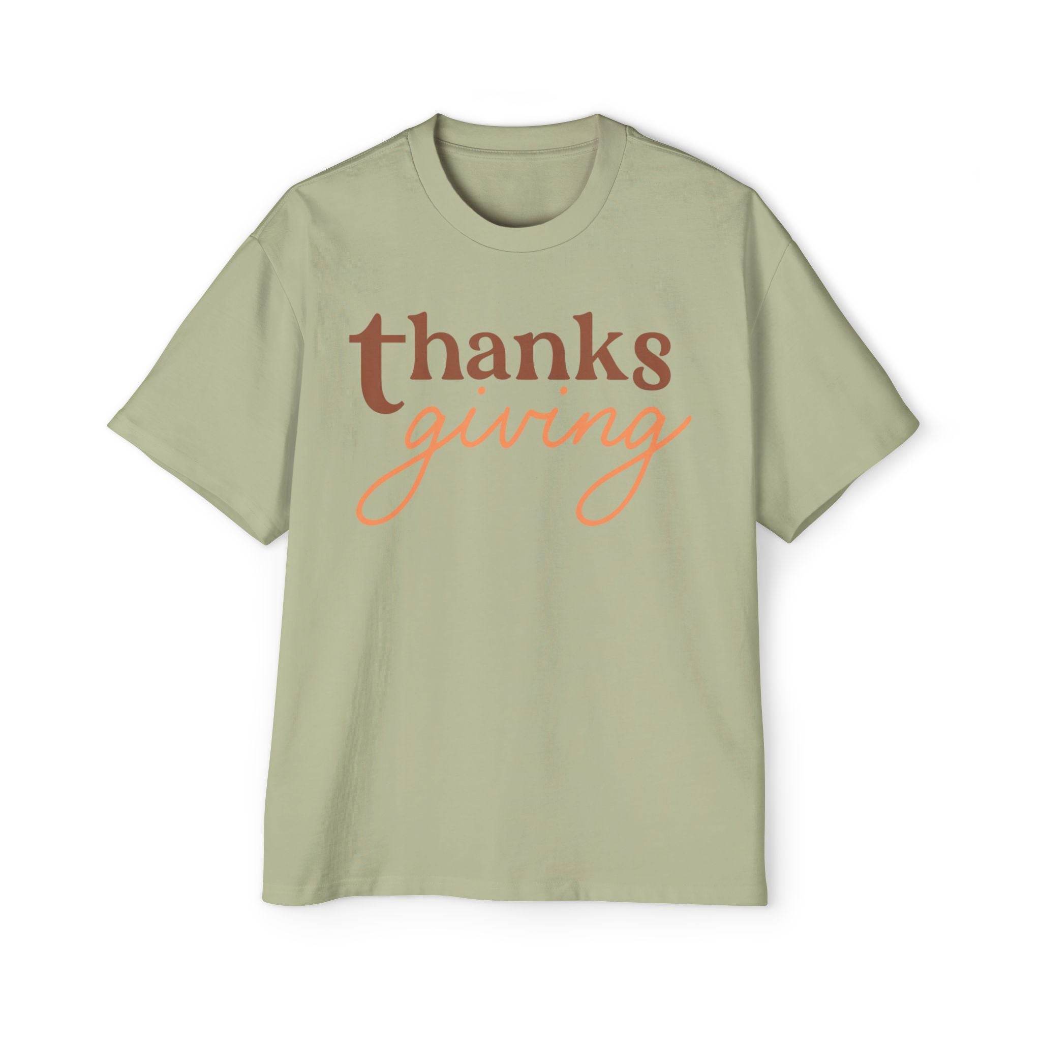 Printify eco-friendly Thanksgiving shirt men in light green with brown and orange Thanksgiving text