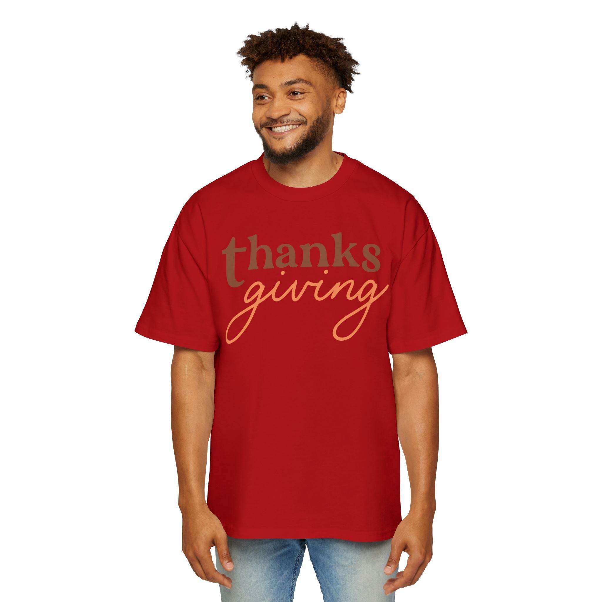 Eco-friendly Thanksgiving shirt men red T-shirt with thanks giving text worn by smiling man