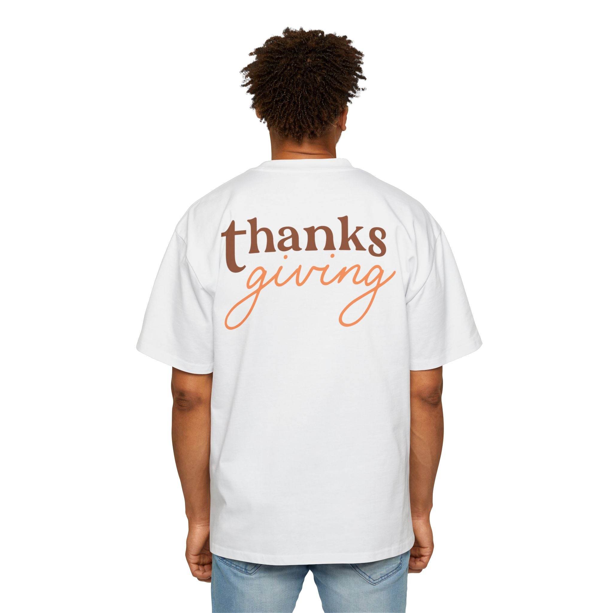 Printify eco-friendly Thanksgiving shirt men in white with thanks giving text on the back