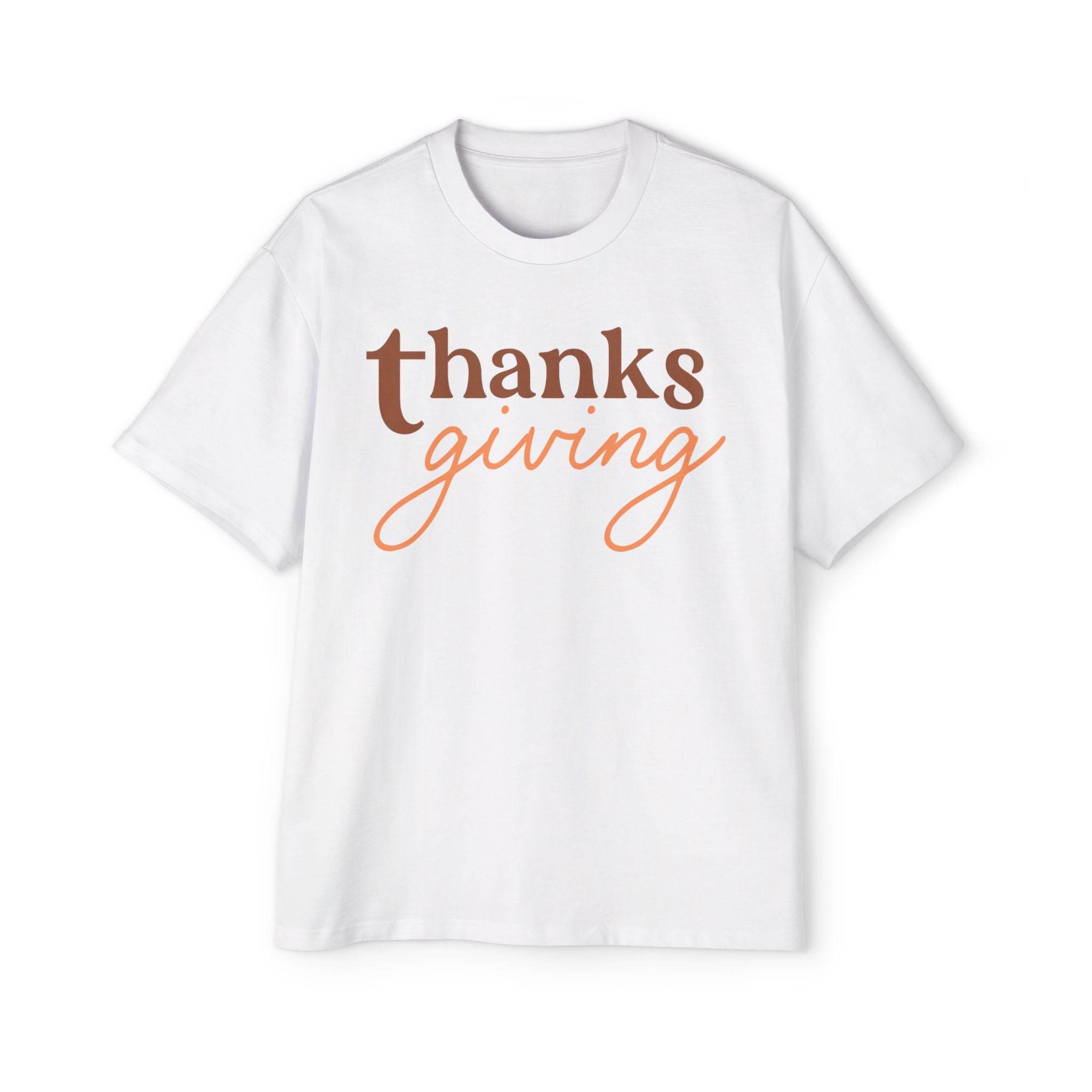 Printify white eco-friendly Thanksgiving shirt men with brown and orange thanksgiving text