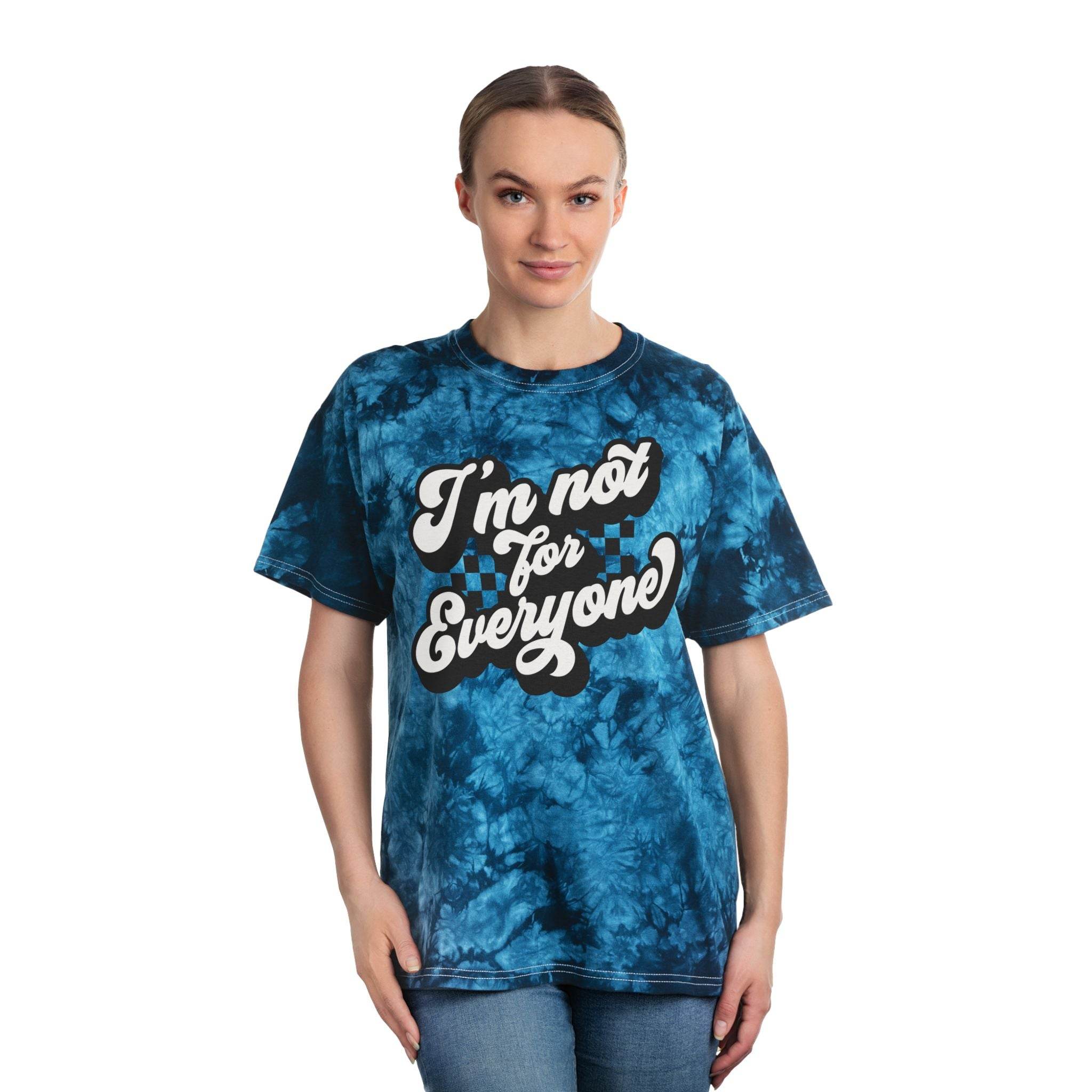 Printify eco-friendly tie-dye t-shirt in blue with I’m not for everyone graphic worn by woman