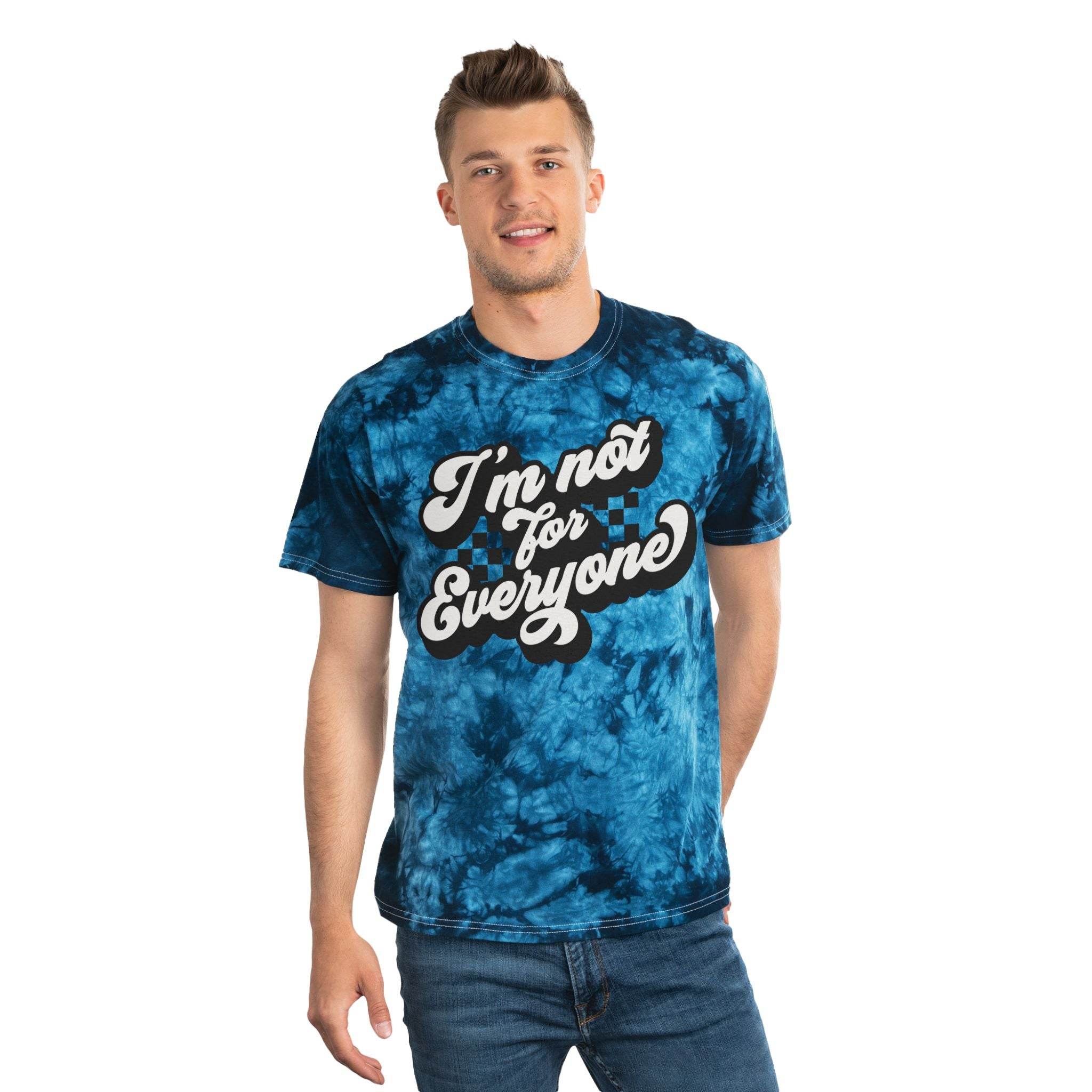 Printify eco-friendly tie-dye t-shirt in blue with I’m not for everyone graphic worn by male model