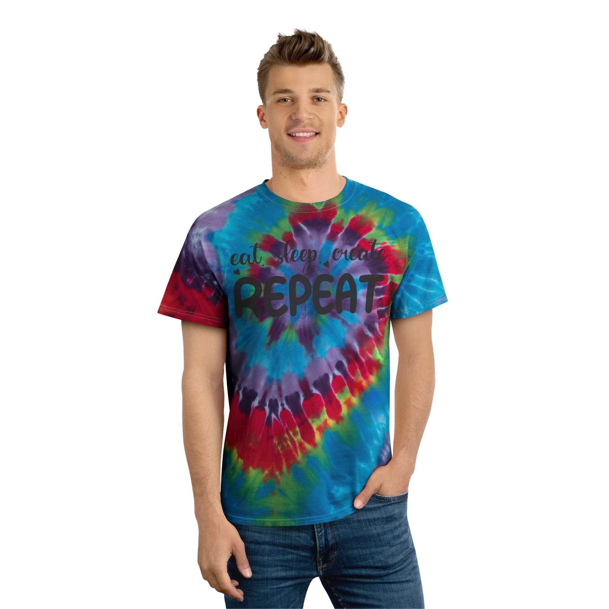 Printify eco-friendly tie-dye t-shirt with colorful spiral design and eat sleep create repeat text