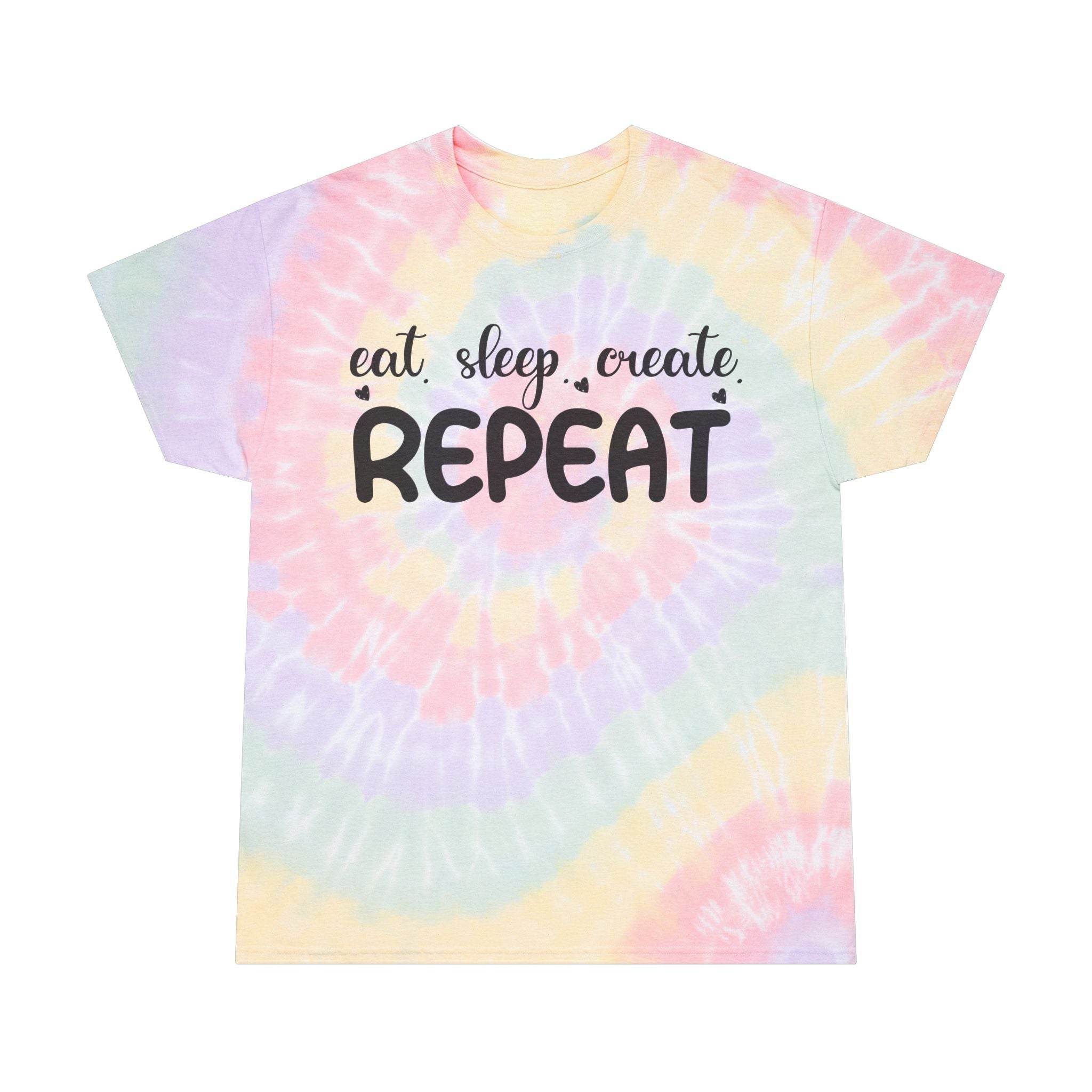 Printify eco-friendly tie-dye t-shirt with pastel colors and eat sleep create repeat text