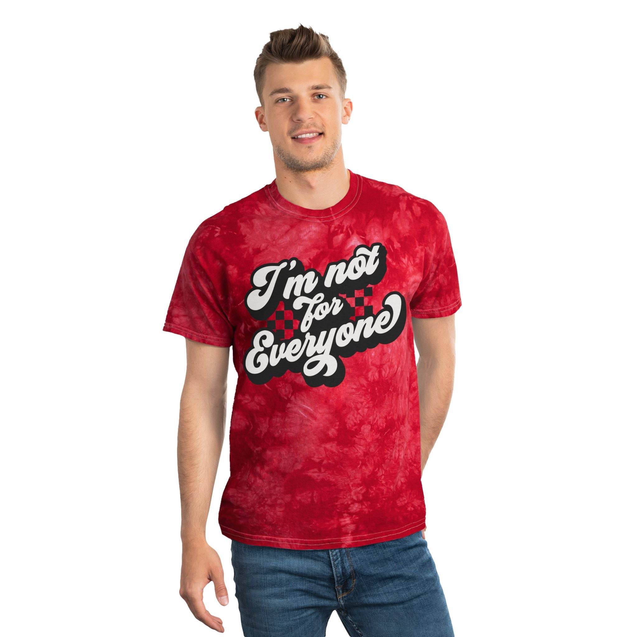Printify eco-friendly tie-dye t-shirt in red with I’m not for everyone graphic worn by male model